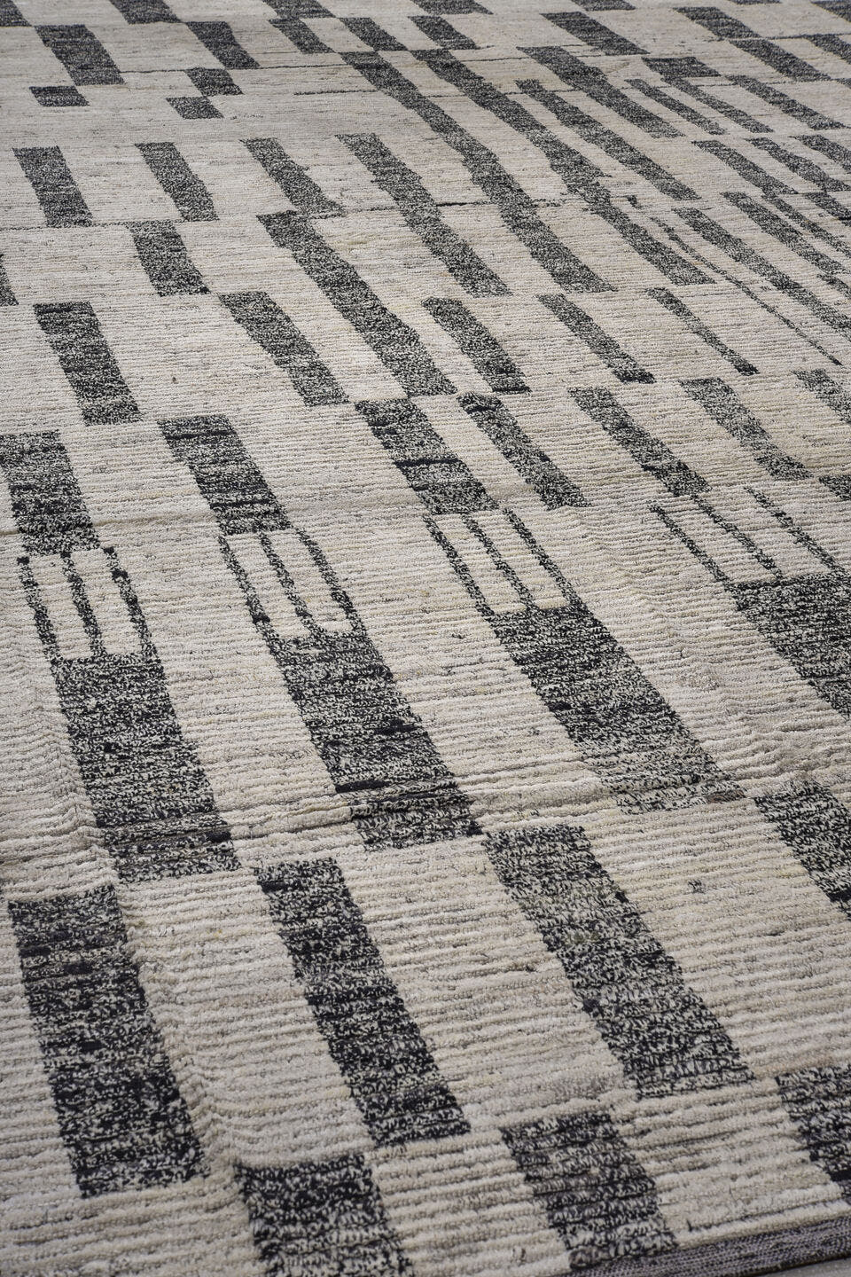 13' x 17' one-of-a-kind handmade vintage Tulu oversize rug. Color palette: ivory, charcoal, gray, black