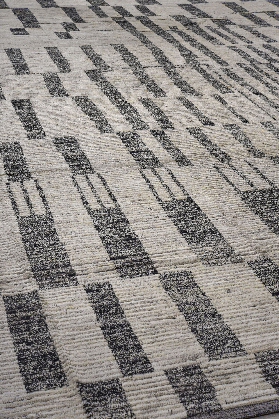13' x 17' one-of-a-kind handmade vintage Tulu oversize rug. Color palette: ivory, charcoal, gray, black
