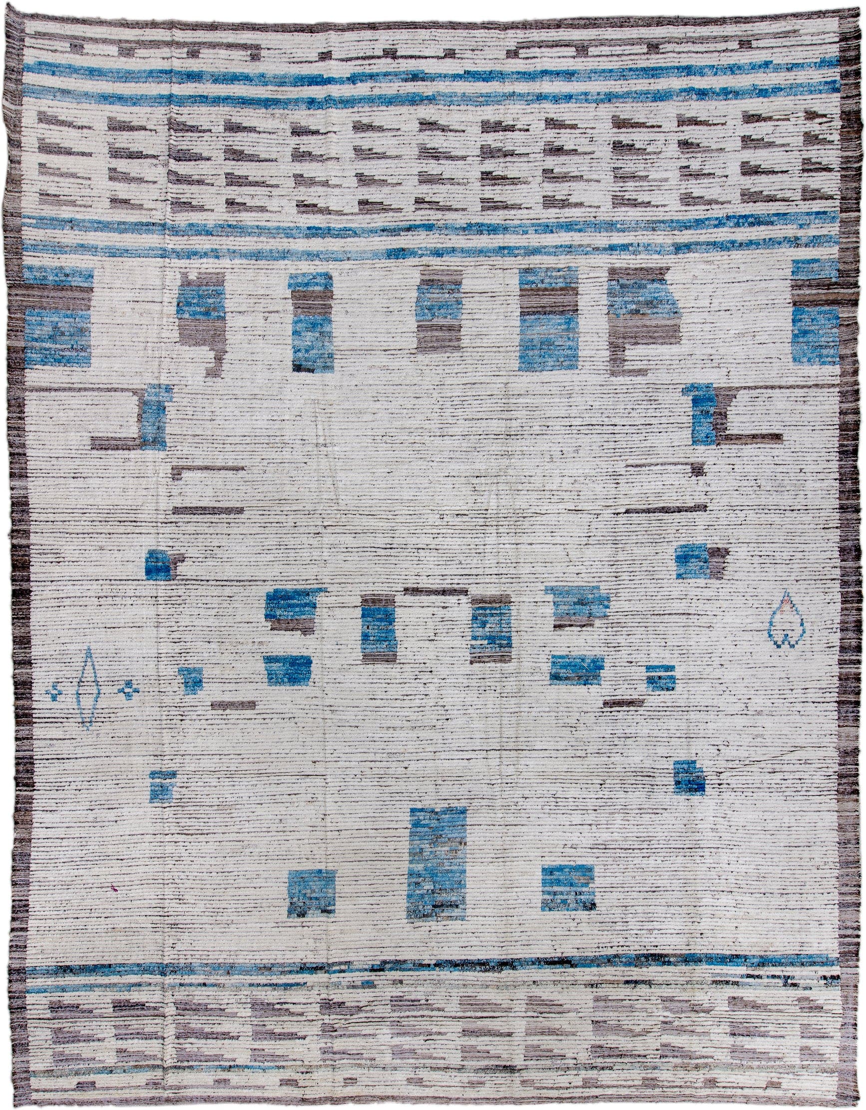 13' x 17' one-of-a-kind handmade vintage Tulu oversize rug. Color palette: ivory, charcoal, sky_blue, slate, taupe, gray