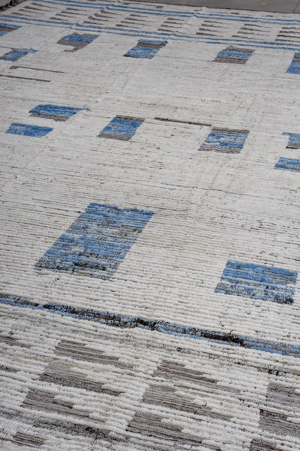 13' x 17' one-of-a-kind handmade vintage Tulu oversize rug. Color palette: ivory, charcoal, sky_blue, slate, taupe, gray