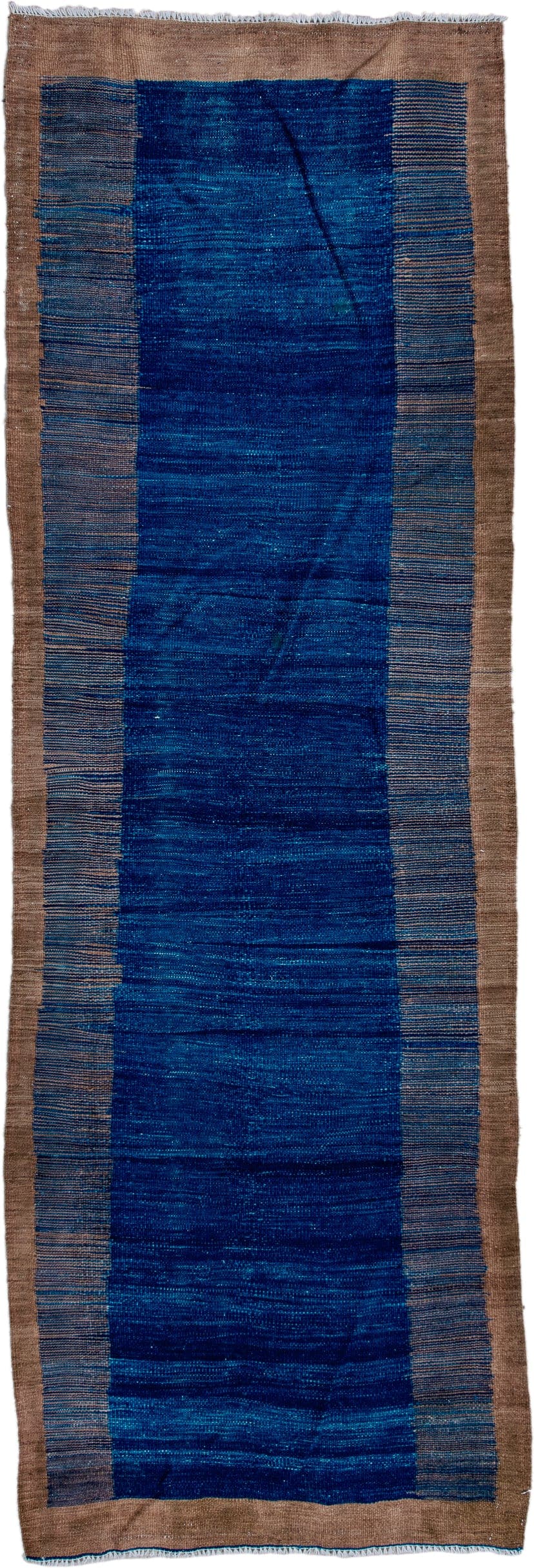 3' x 9' one-of-a-kind handmade vintage Kilim runner rug. Color palette: indigo, taupe, brown, navy, slate, purple, beige