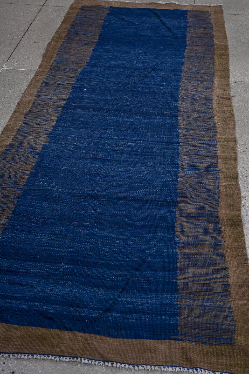 3' x 9' one-of-a-kind handmade vintage Kilim runner rug. Color palette: indigo, taupe, brown, navy, slate, purple, beige