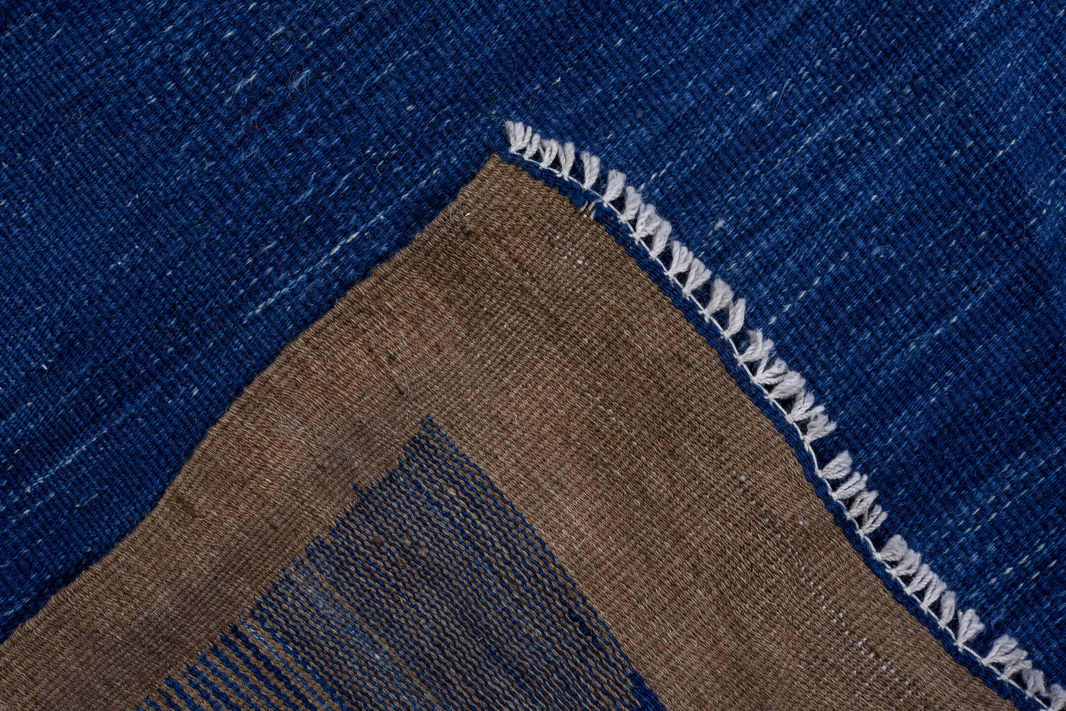 3' x 9' one-of-a-kind handmade vintage Kilim runner rug. Color palette: indigo, taupe, brown, navy, slate, purple, beige