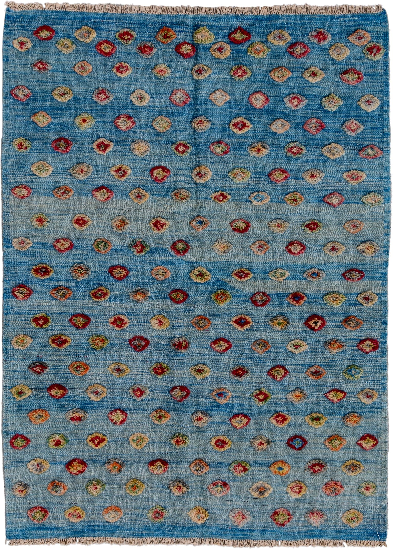 3' x 4' one-of-a-kind handmade vintage Kilim small size rug. Color palette: sky blue, ivory, crimson, rose, gold, sage