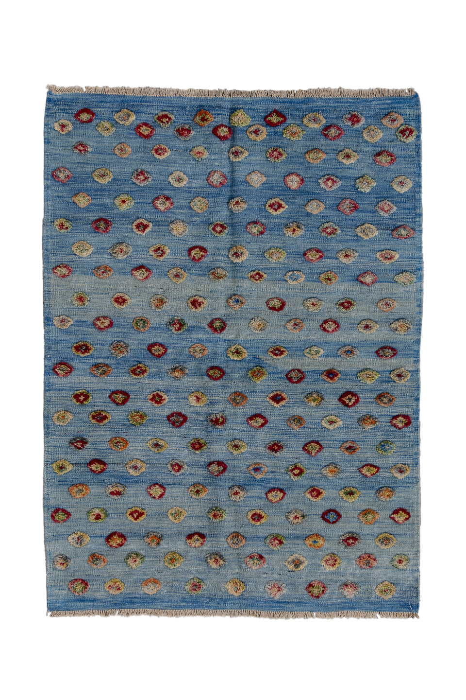 3' x 4' one-of-a-kind handmade vintage Kilim small size rug. Color palette: blue, brown, dim gray, fiord, gray, light blue