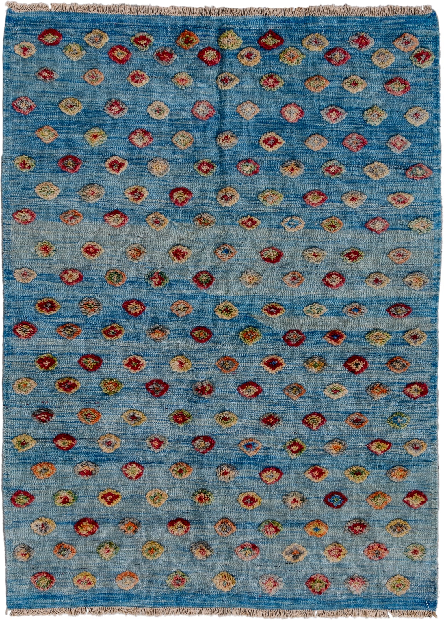3' x 4' one-of-a-kind handmade vintage Kilim small size rug. Color palette: sky blue, ivory, crimson, rose, gold, sage
