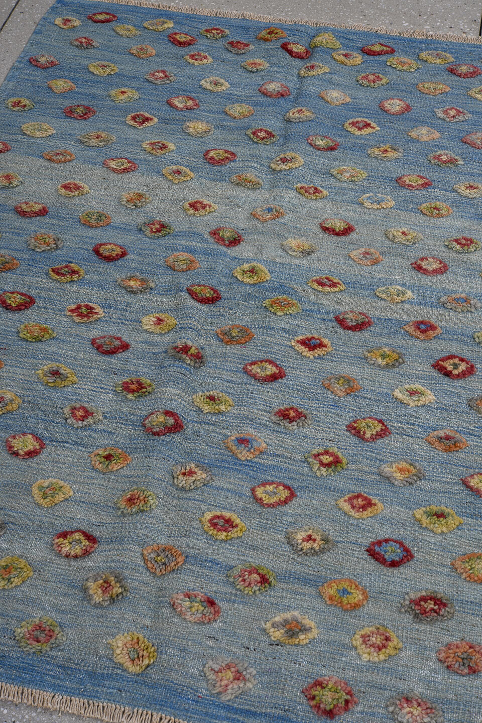 3' x 4' one-of-a-kind handmade vintage Kilim small size rug. Color palette: sky blue, ivory, crimson, rose, gold, sage