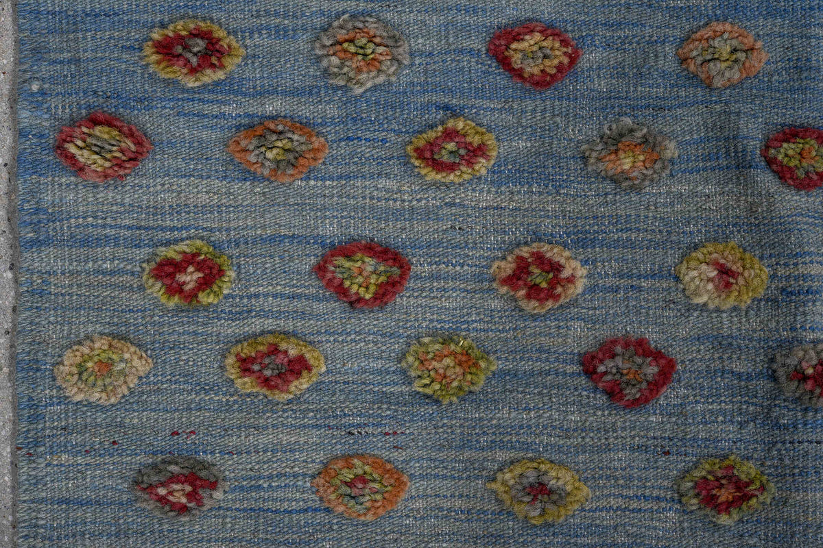 3' x 4' one-of-a-kind handmade vintage Kilim small size rug. Color palette: sky blue, ivory, crimson, rose, gold, sage