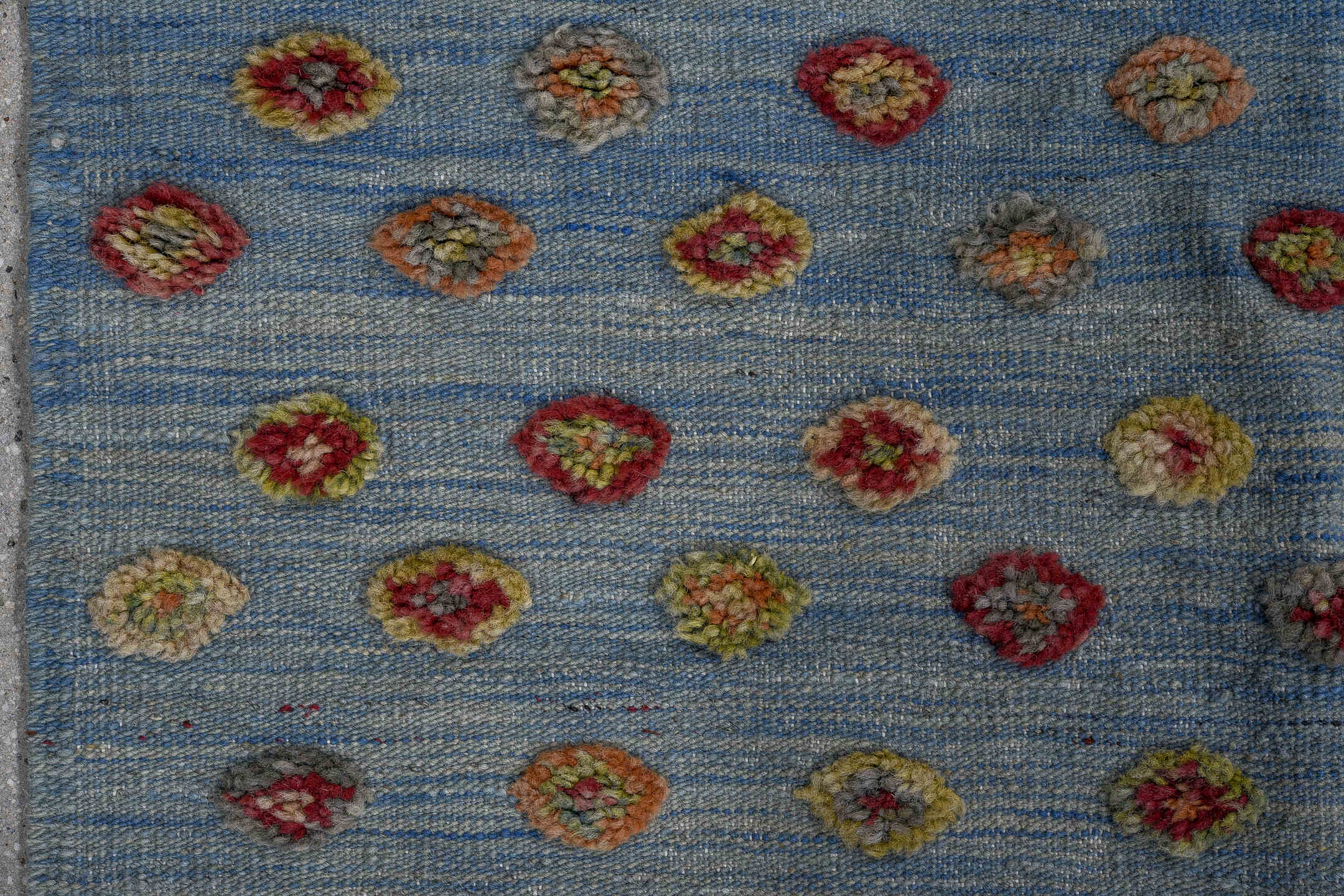 3' x 4' one-of-a-kind handmade vintage Kilim small size rug. Color palette: sky blue, ivory, crimson, rose, gold, sage
