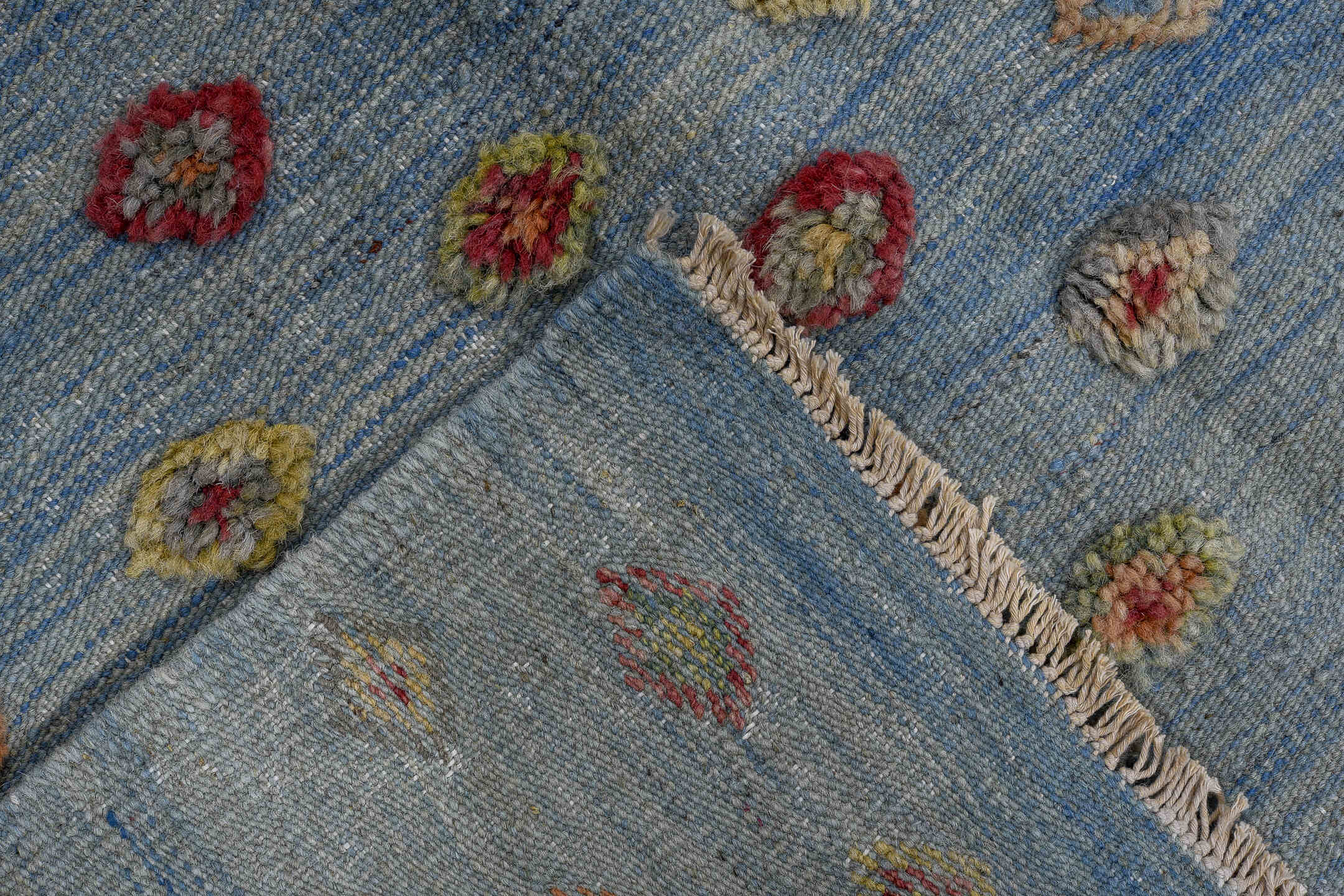 3' x 4' one-of-a-kind handmade vintage Kilim small size rug. Color palette: sky blue, ivory, crimson, rose, gold, sage