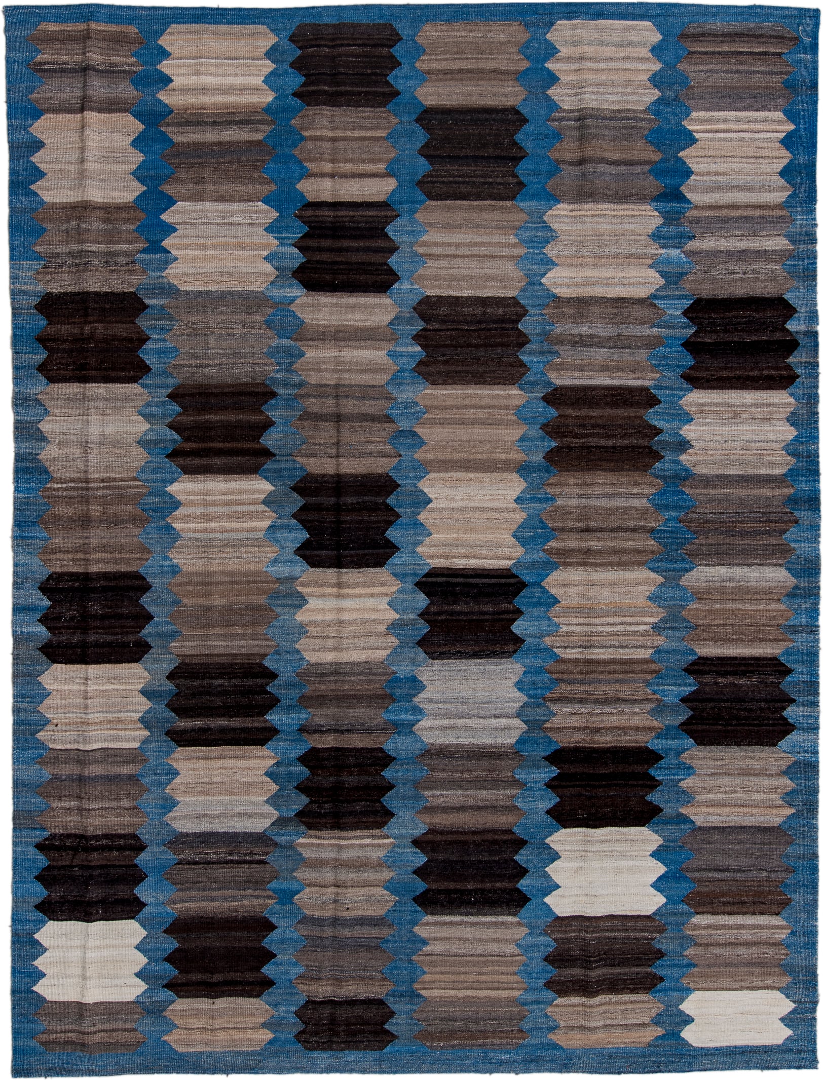 9' x 12' one-of-a-kind handmade vintage Kilim large size rug. Color palette: blue, taupe, charcoal, ivory, brown, slate