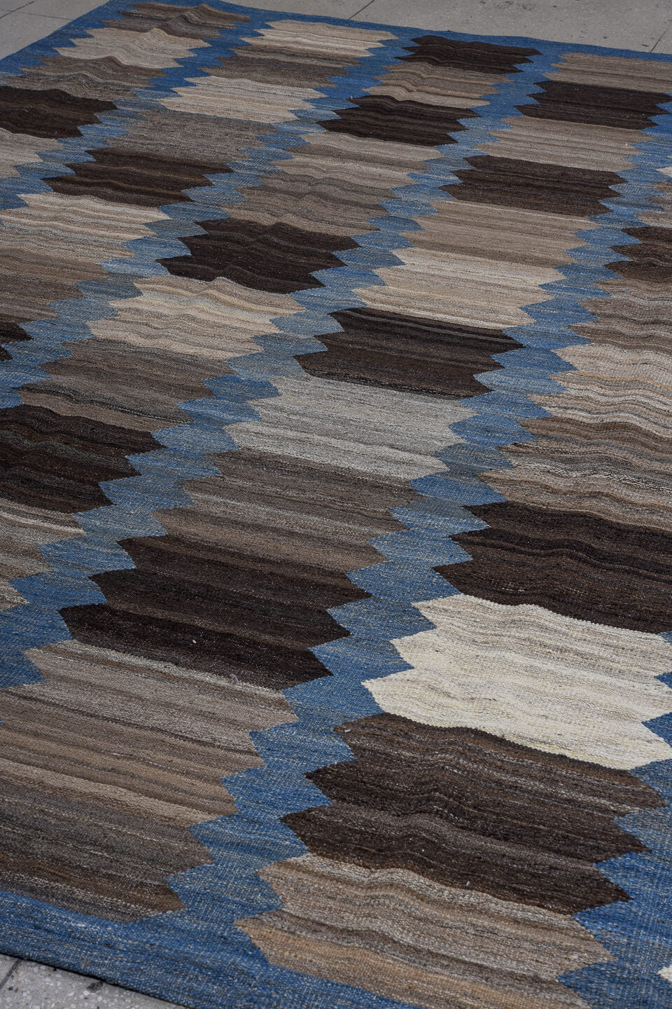 9' x 12' one-of-a-kind handmade vintage Kilim large size rug. Color palette: blue, taupe, charcoal, ivory, brown, slate