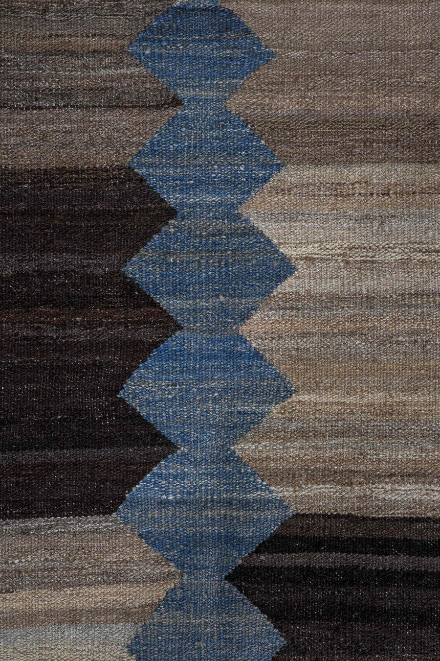 9' x 12' one-of-a-kind handmade vintage Kilim large size rug. Color palette: blue, taupe, charcoal, ivory, brown, slate