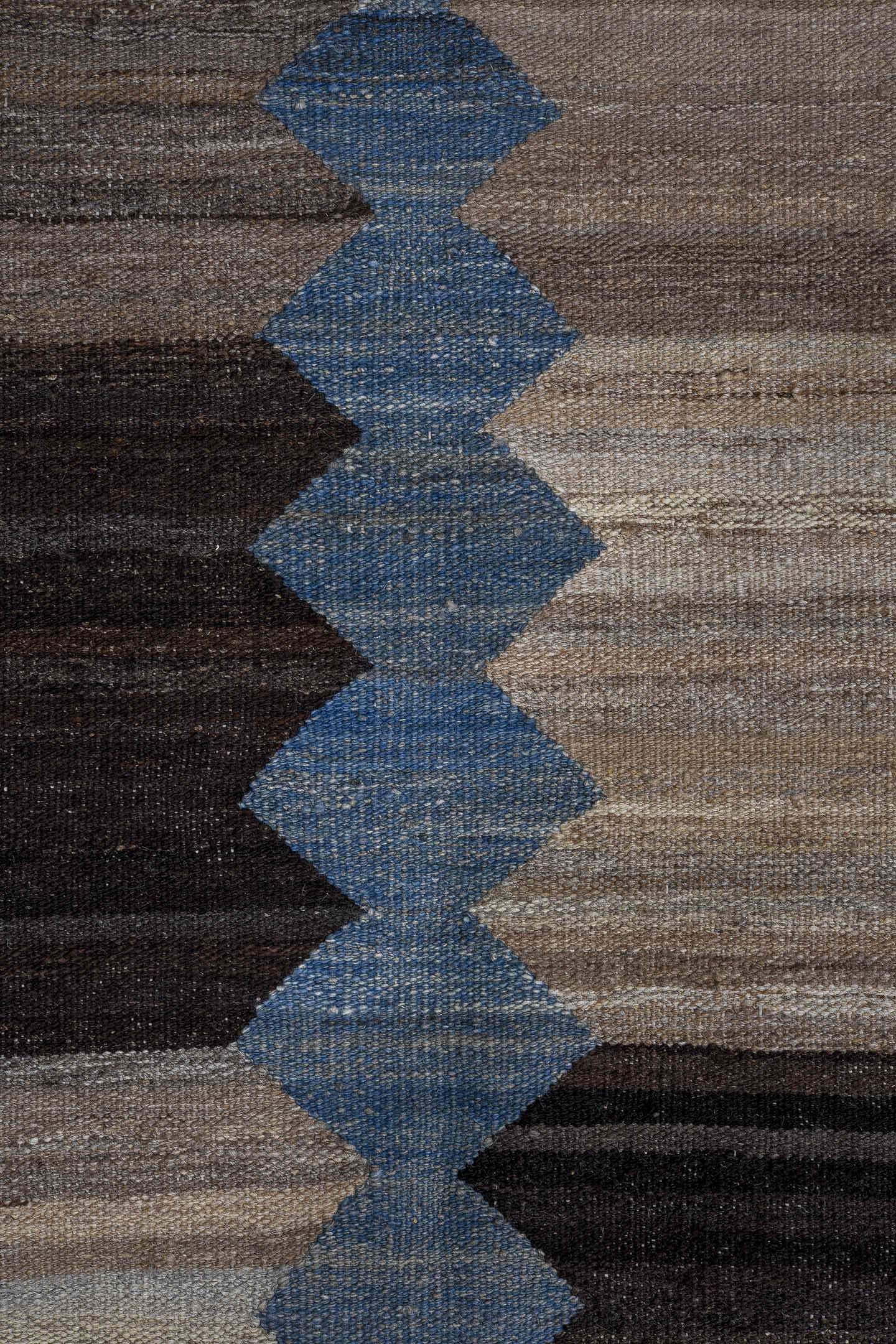 9' x 12' one-of-a-kind handmade vintage Kilim large size rug. Color palette: blue, taupe, charcoal, ivory, brown, slate