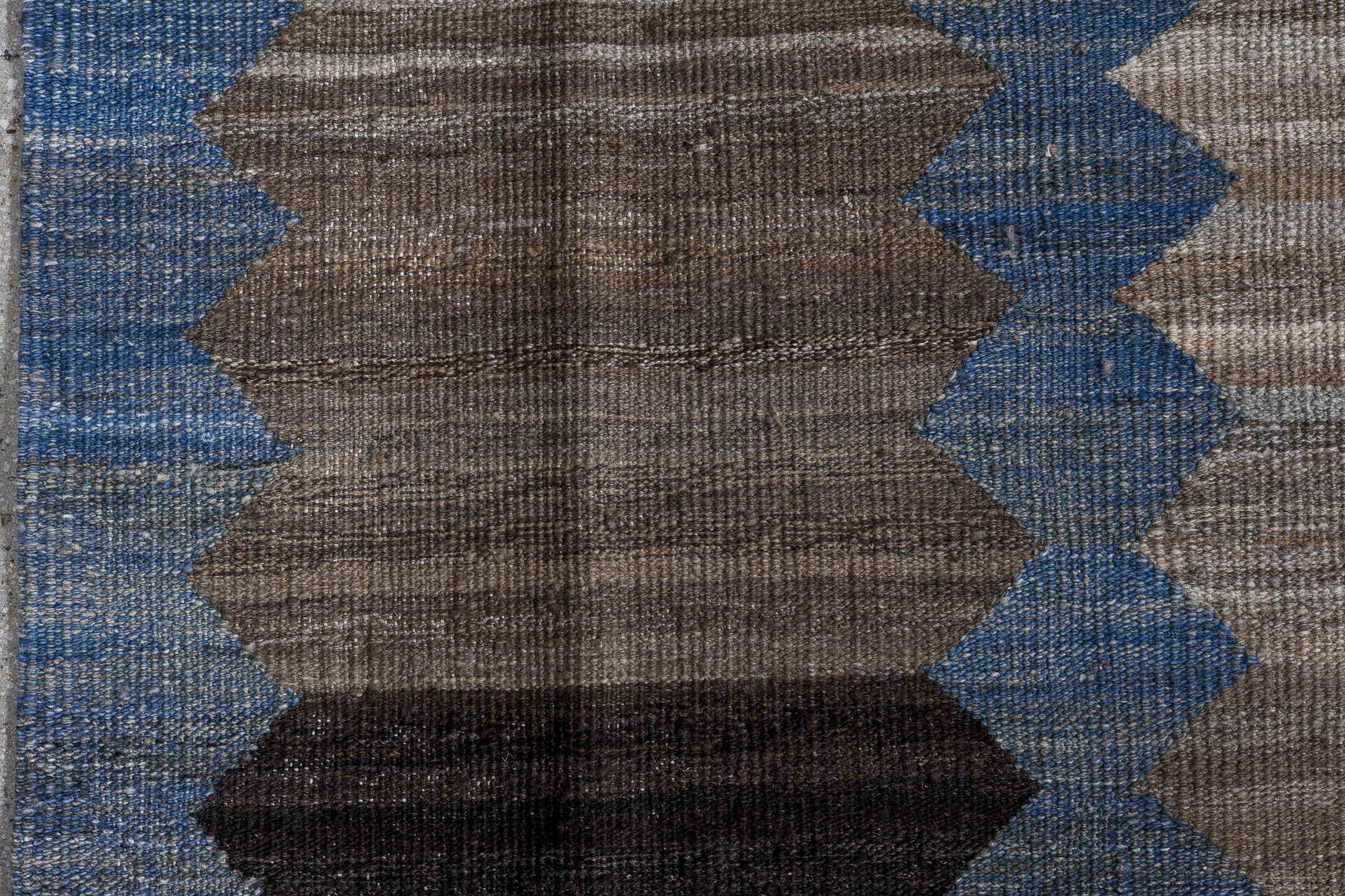 9' x 12' one-of-a-kind handmade vintage Kilim large size rug. Color palette: blue, taupe, charcoal, ivory, brown, slate