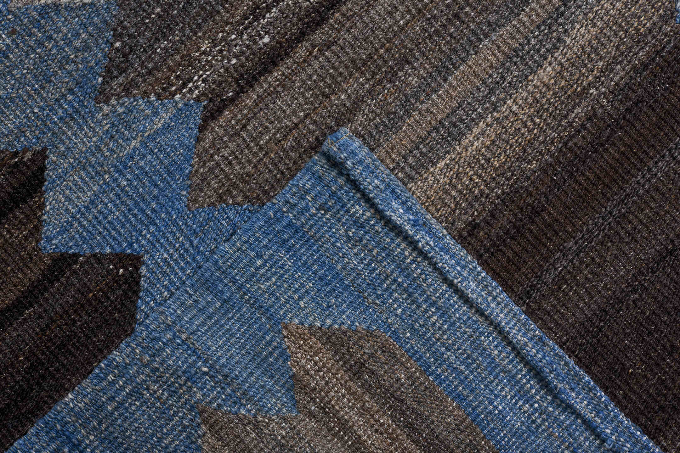 9' x 12' one-of-a-kind handmade vintage Kilim large size rug. Color palette: blue, taupe, charcoal, ivory, brown, slate