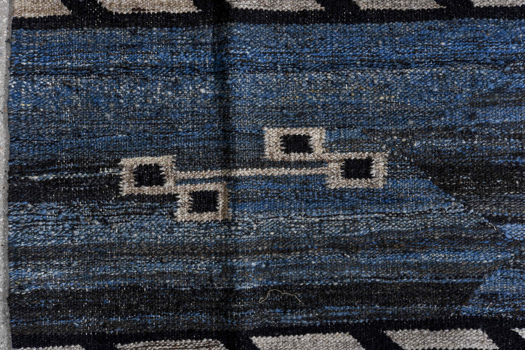 9' x 11' one-of-a-kind handmade vintage Kilim large size rug. Color palette: blue, indigo, ivory, charcoal, slate, purple