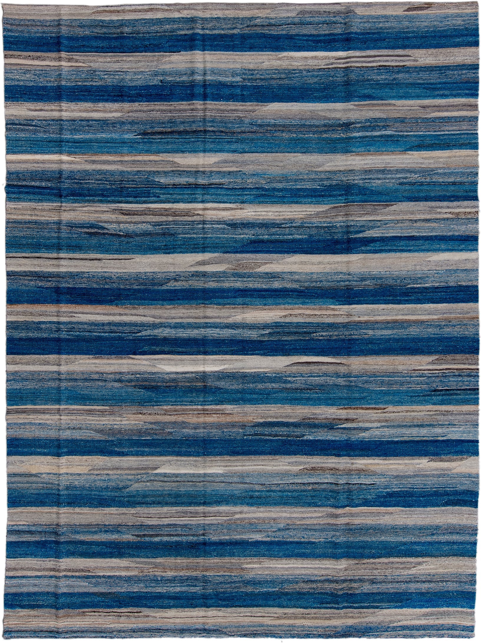 8' x 12' one-of-a-kind handmade vintage Kilim large size rug. Color palette: blue, indigo, slate, ivory, taupe, charcoal
