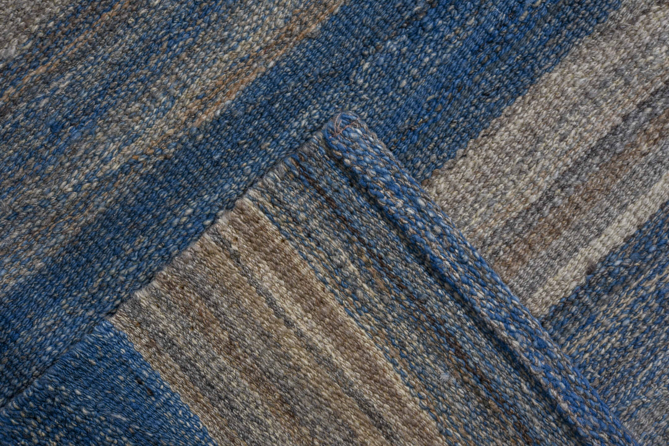 8' x 12' one-of-a-kind handmade vintage Kilim large size rug. Color palette: blue, indigo, slate, ivory, taupe, charcoal