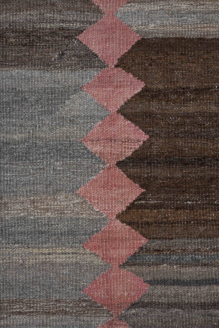 11' x 15' one-of-a-kind handmade vintage Kilim oversize rug. Color palette: taupe, pink, charcoal, brown, gray, ivory, beige