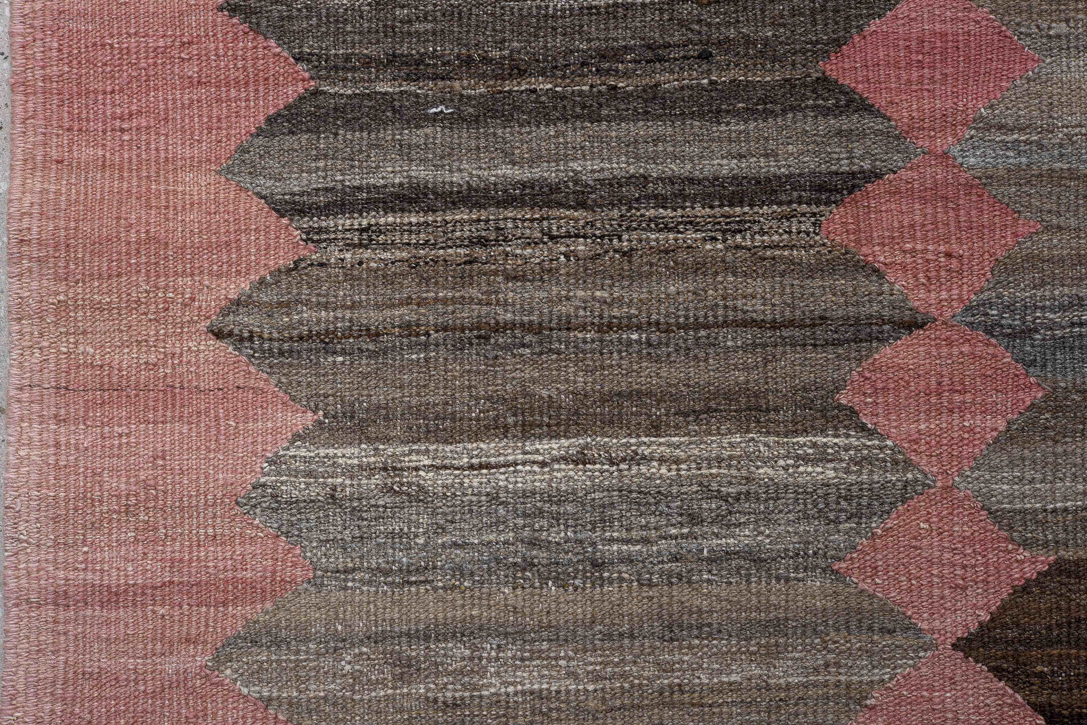11' x 15' one-of-a-kind handmade vintage Kilim oversize rug. Color palette: taupe, pink, charcoal, brown, gray, ivory, beige