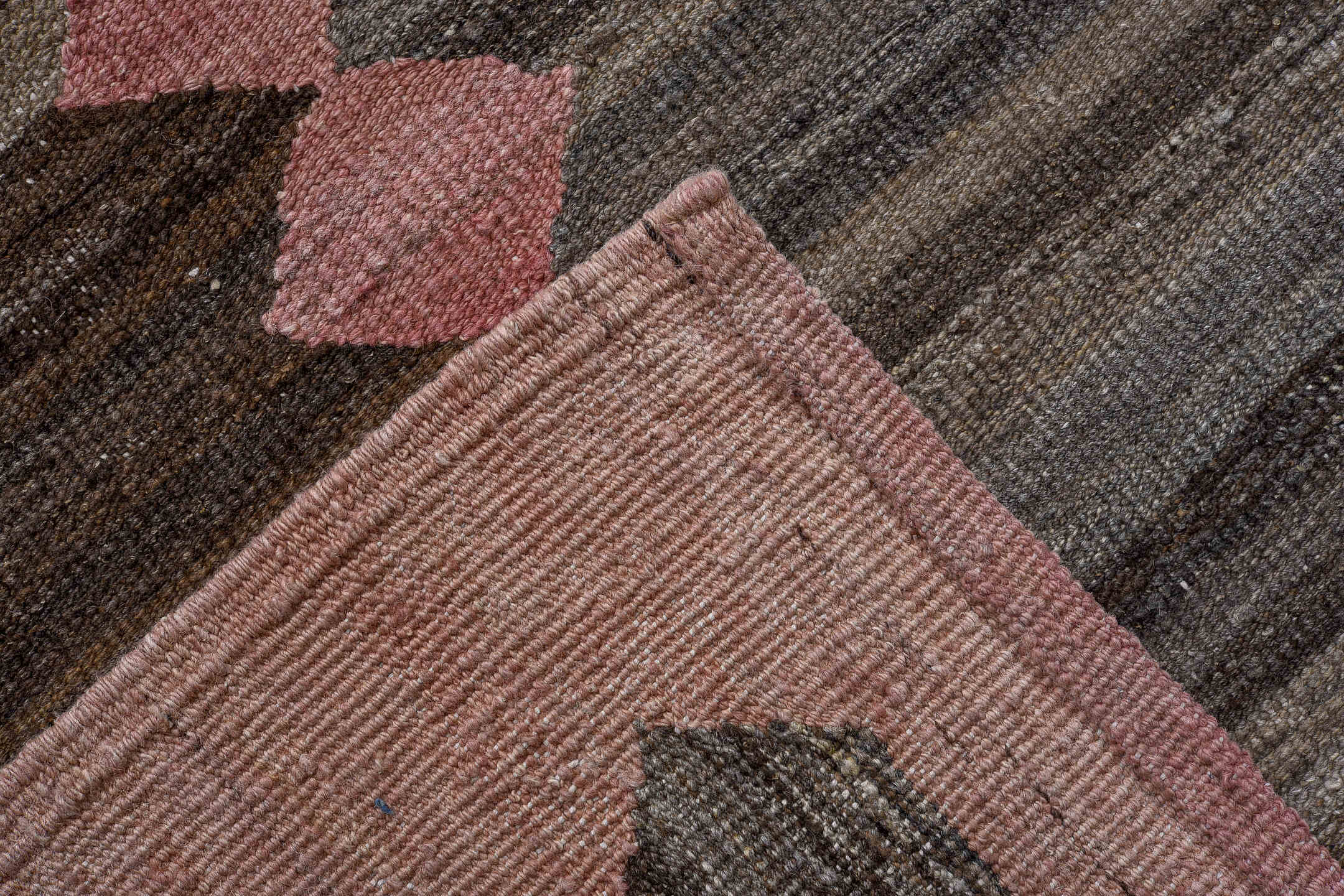 11' x 15' one-of-a-kind handmade vintage Kilim oversize rug. Color palette: taupe, pink, charcoal, brown, gray, ivory, beige