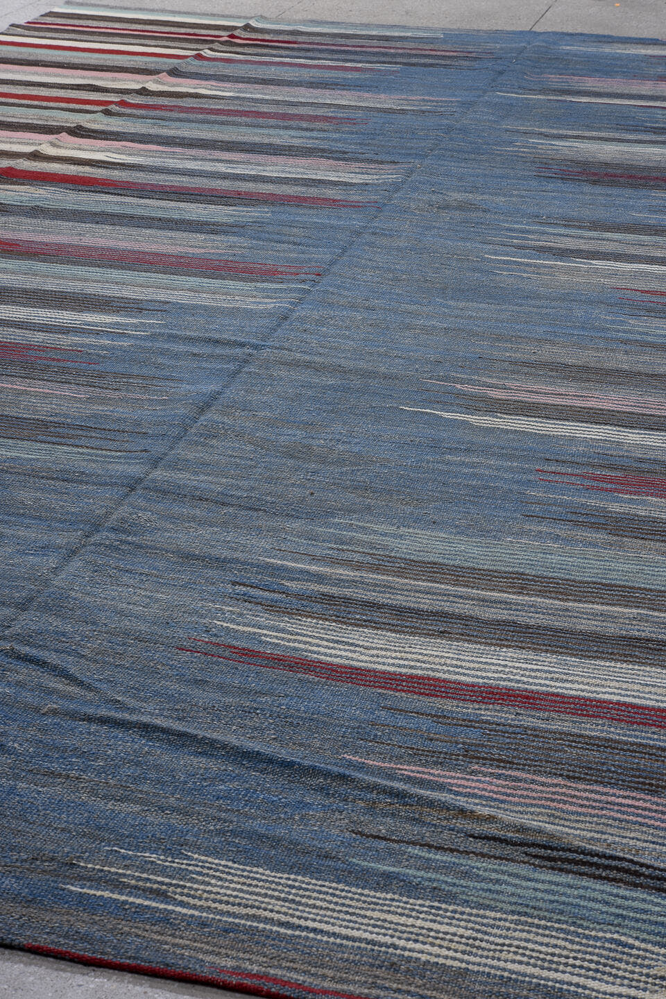 12' x 15' one-of-a-kind handmade vintage Kilim oversize rug. Color palette: blue, charcoal, ivory, crimson, blush, aqua