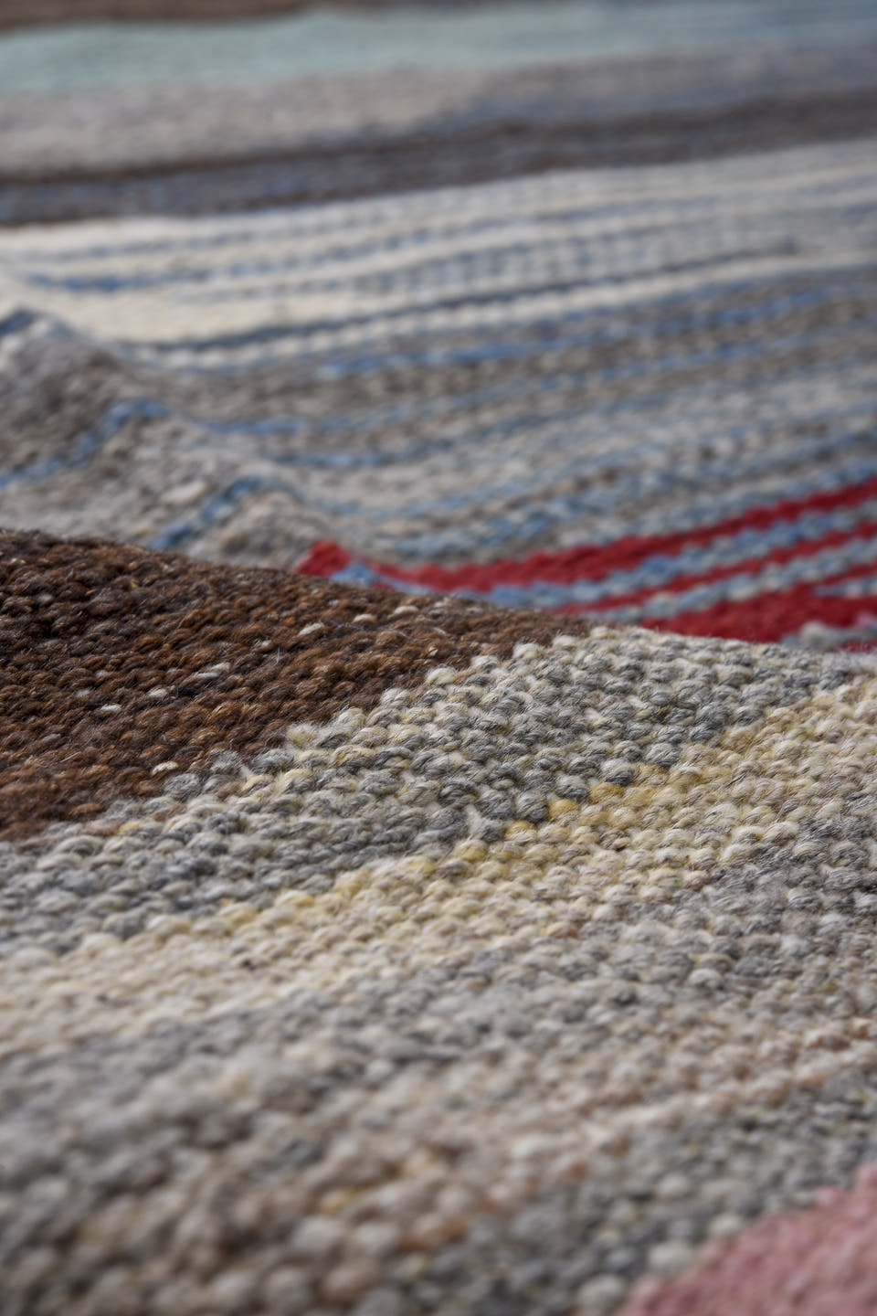 12' x 15' one-of-a-kind handmade vintage Kilim oversize rug. Color palette: blue, charcoal, ivory, crimson, blush, aqua