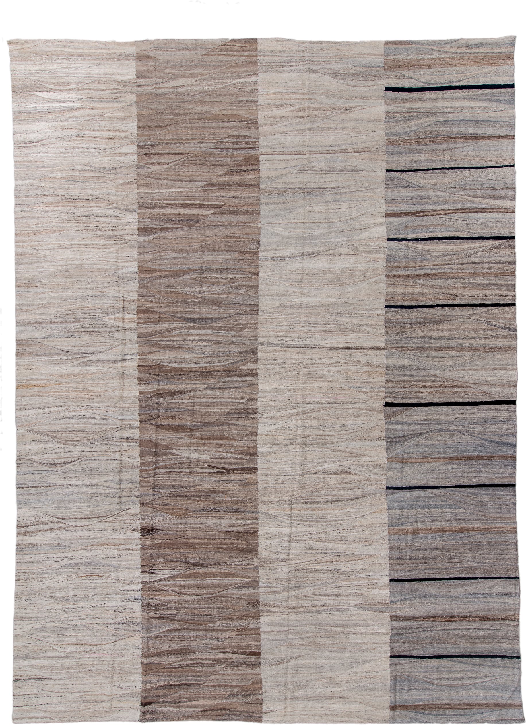 14' x 19' one-of-a-kind handmade vintage Kilim oversize rug. Color palette: ivory, taupe, gray, charcoal, cream, beige