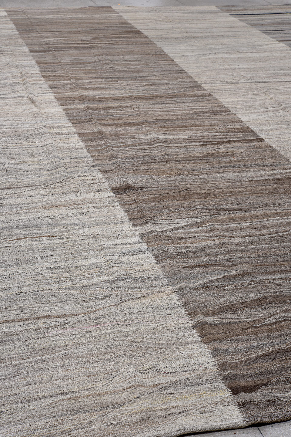 14' x 19' one-of-a-kind handmade vintage Kilim oversize rug. Color palette: ivory, taupe, gray, charcoal, cream, beige