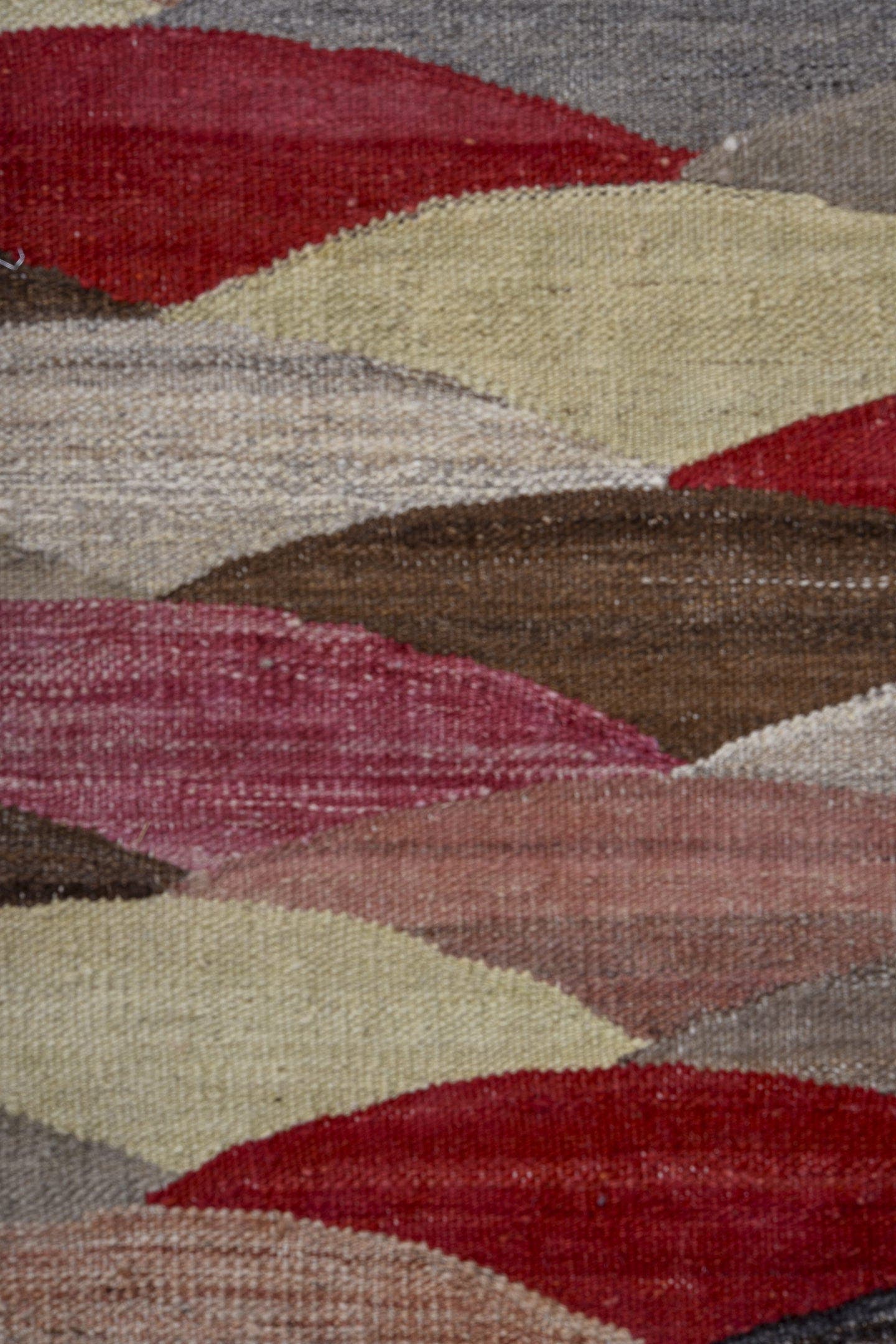 10' x 13' one-of-a-kind handmade vintage Kilim large size rug. Color palette: sky blue, ivory, rose, crimson, taupe, brown