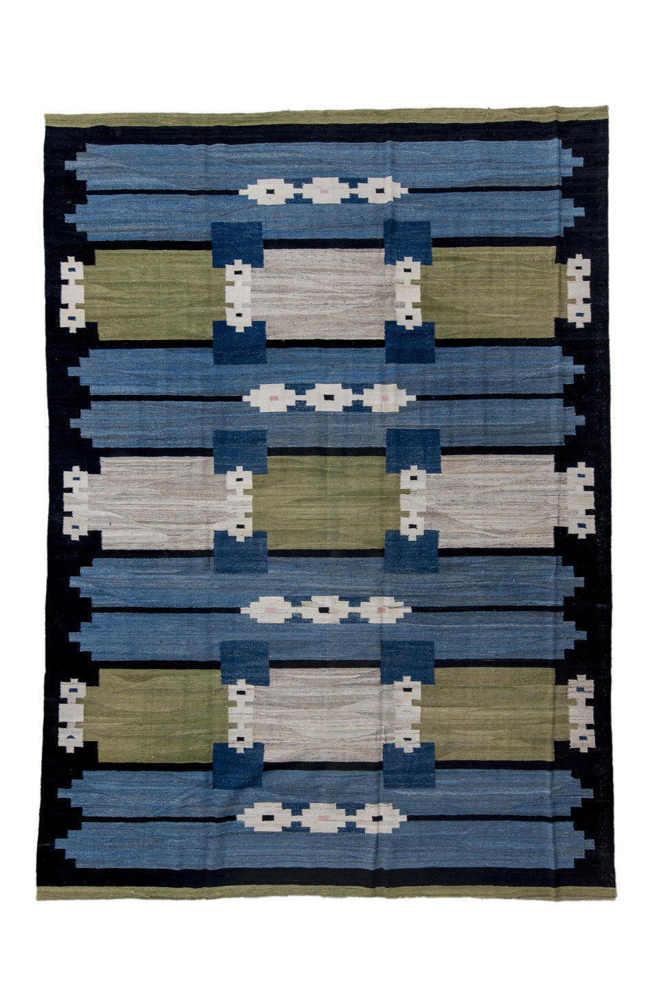 9' x 13' one-of-a-kind handmade vintage Kilim large size rug. Color palette: blue, dark gray, fiord, gray, light gray
