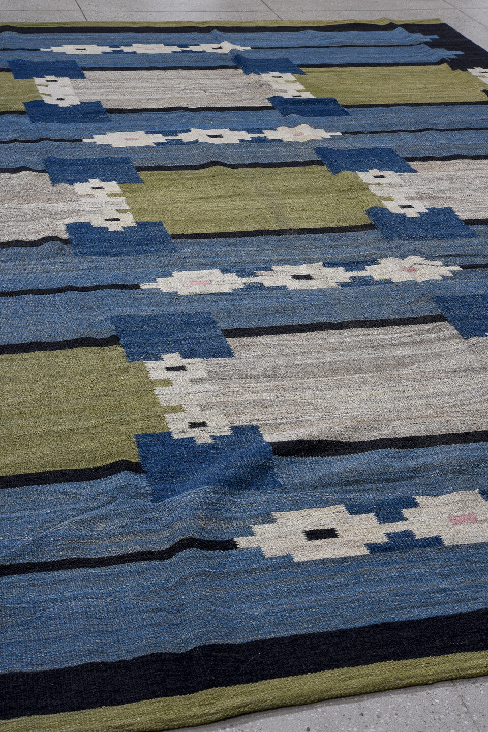 9' x 13' one-of-a-kind handmade vintage Kilim large size rug. Color palette: blue, navy, olive, ivory, black, blush, green