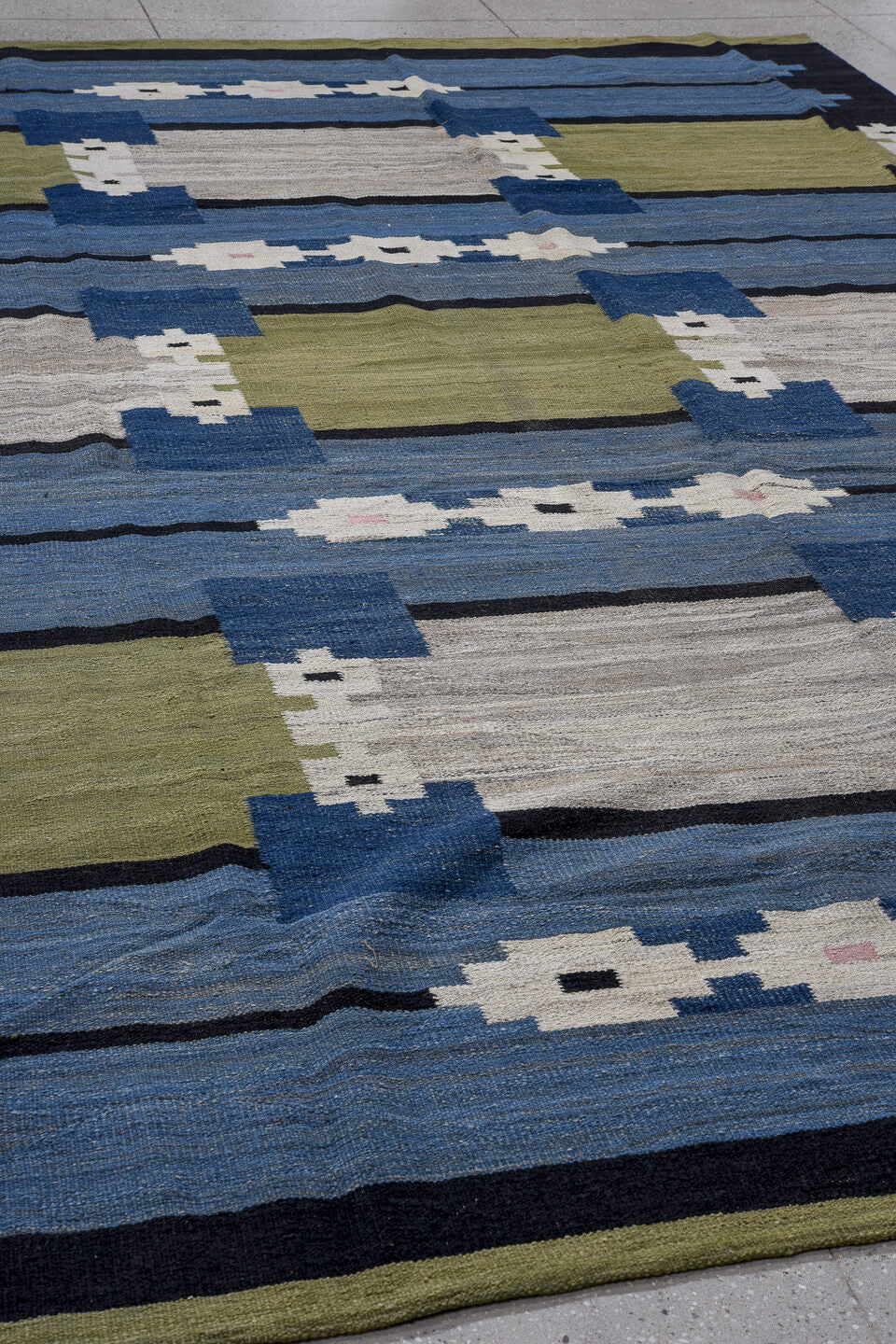 9' x 13' one-of-a-kind handmade vintage Kilim large size rug. Color palette: blue, navy, olive, ivory, black, blush, green