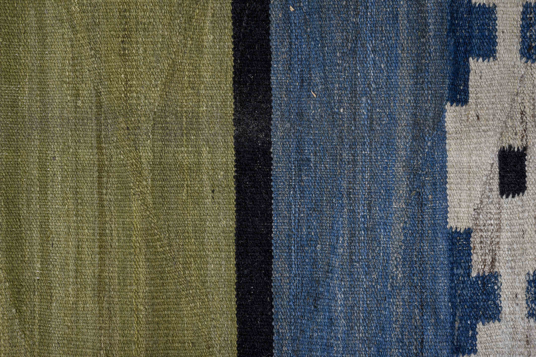 9' x 13' one-of-a-kind handmade vintage Kilim large size rug. Color palette: blue, dark gray, fiord, gray, light gray