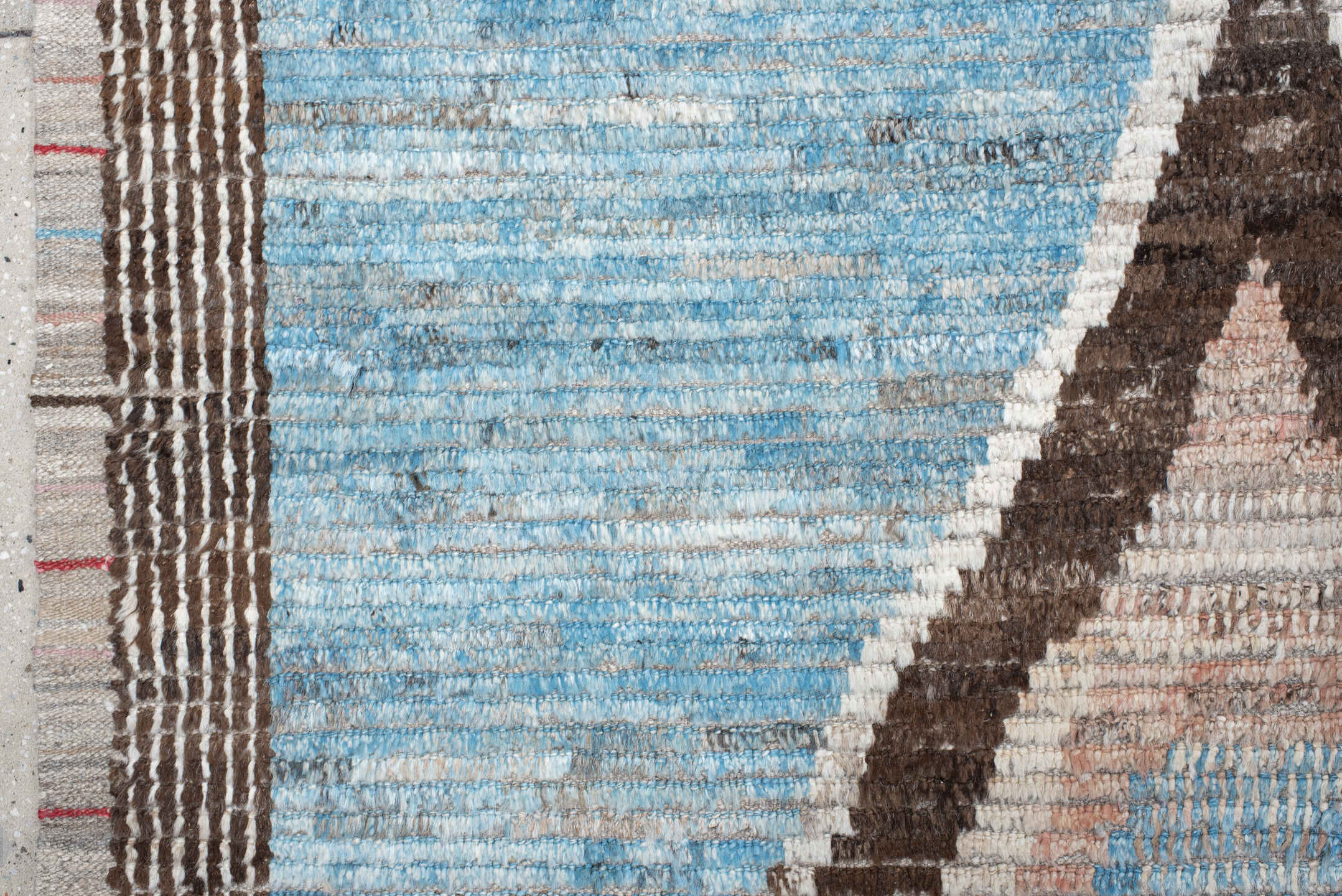 14' x 19' one-of-a-kind handmade vintage Tulu oversize rug. Color palette: sky blue, ivory, charcoal, taupe, blush