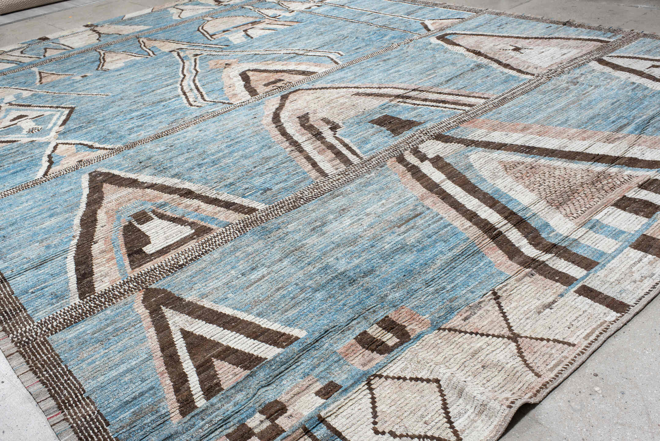 14' x 19' one-of-a-kind handmade vintage Tulu oversize rug. Color palette: sky blue, ivory, charcoal, taupe, blush