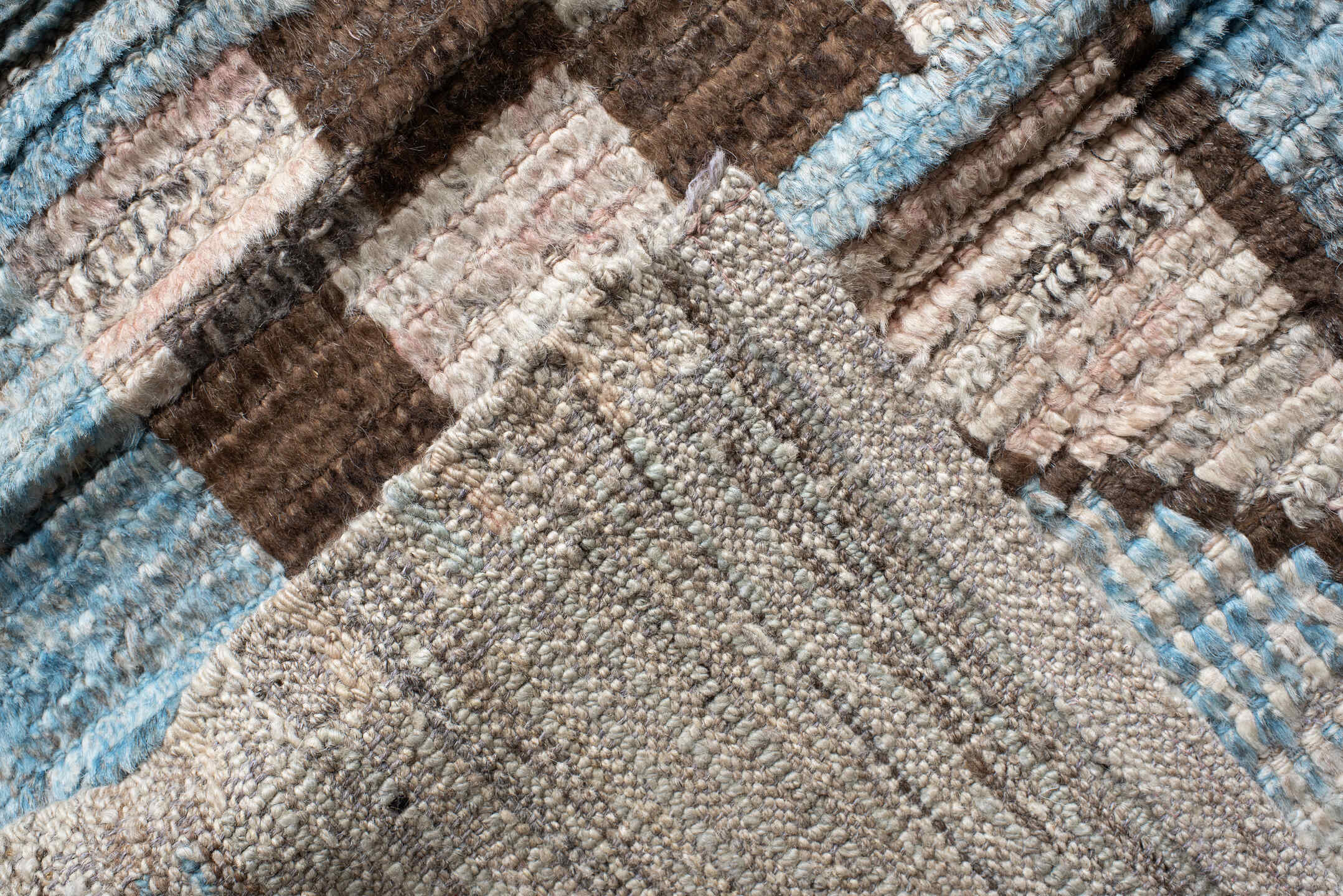14' x 19' one-of-a-kind handmade vintage Tulu oversize rug. Color palette: sky blue, ivory, charcoal, taupe, blush