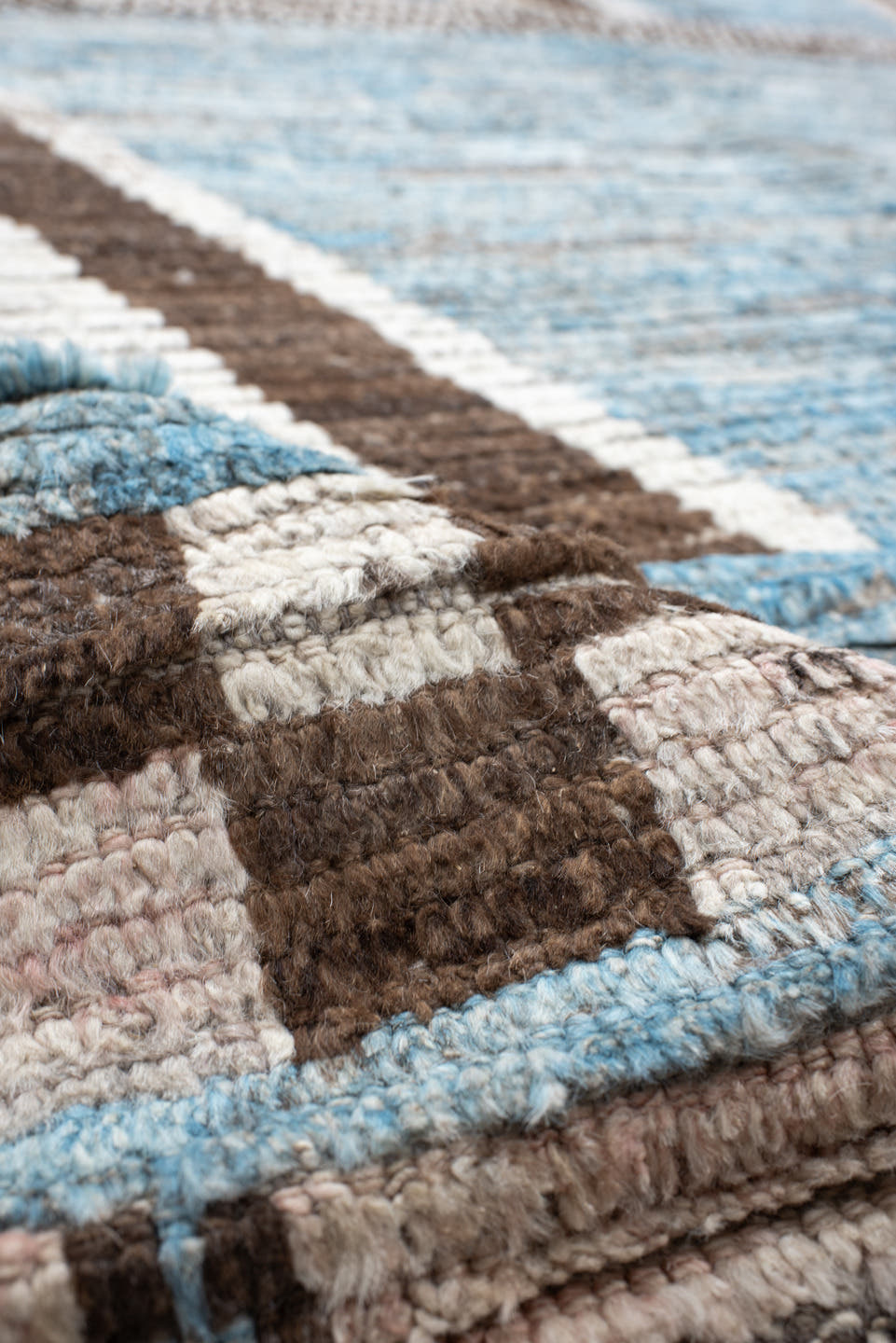 14' x 19' one-of-a-kind handmade vintage Tulu oversize rug. Color palette: sky blue, ivory, charcoal, taupe, blush
