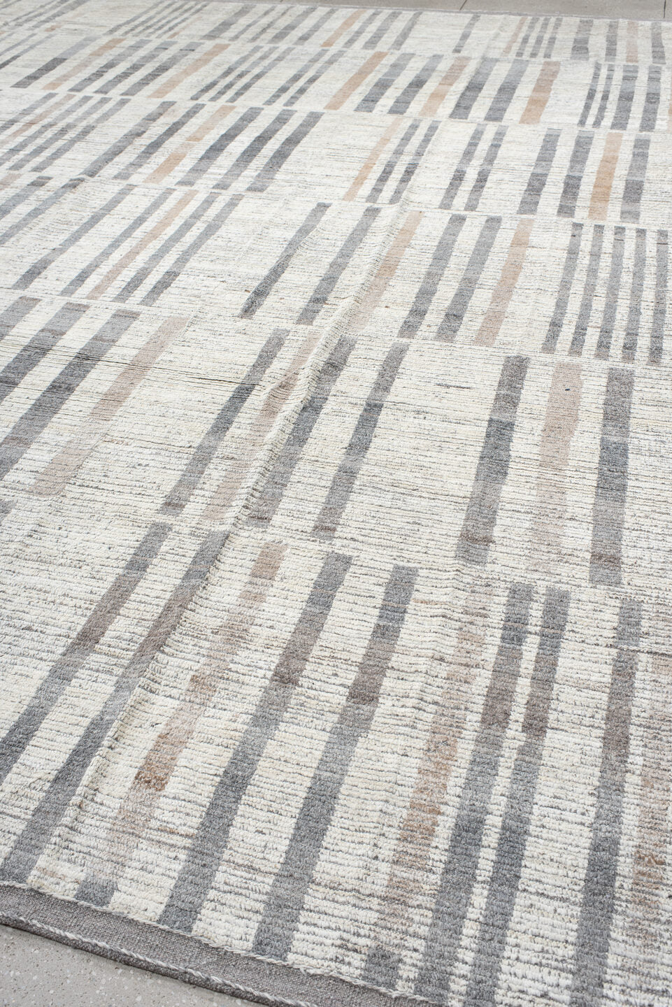 13' x 15' one-of-a-kind handmade vintage Tulu oversize rug. Color palette: ivory, gray, taupe, beige, charcoal, black