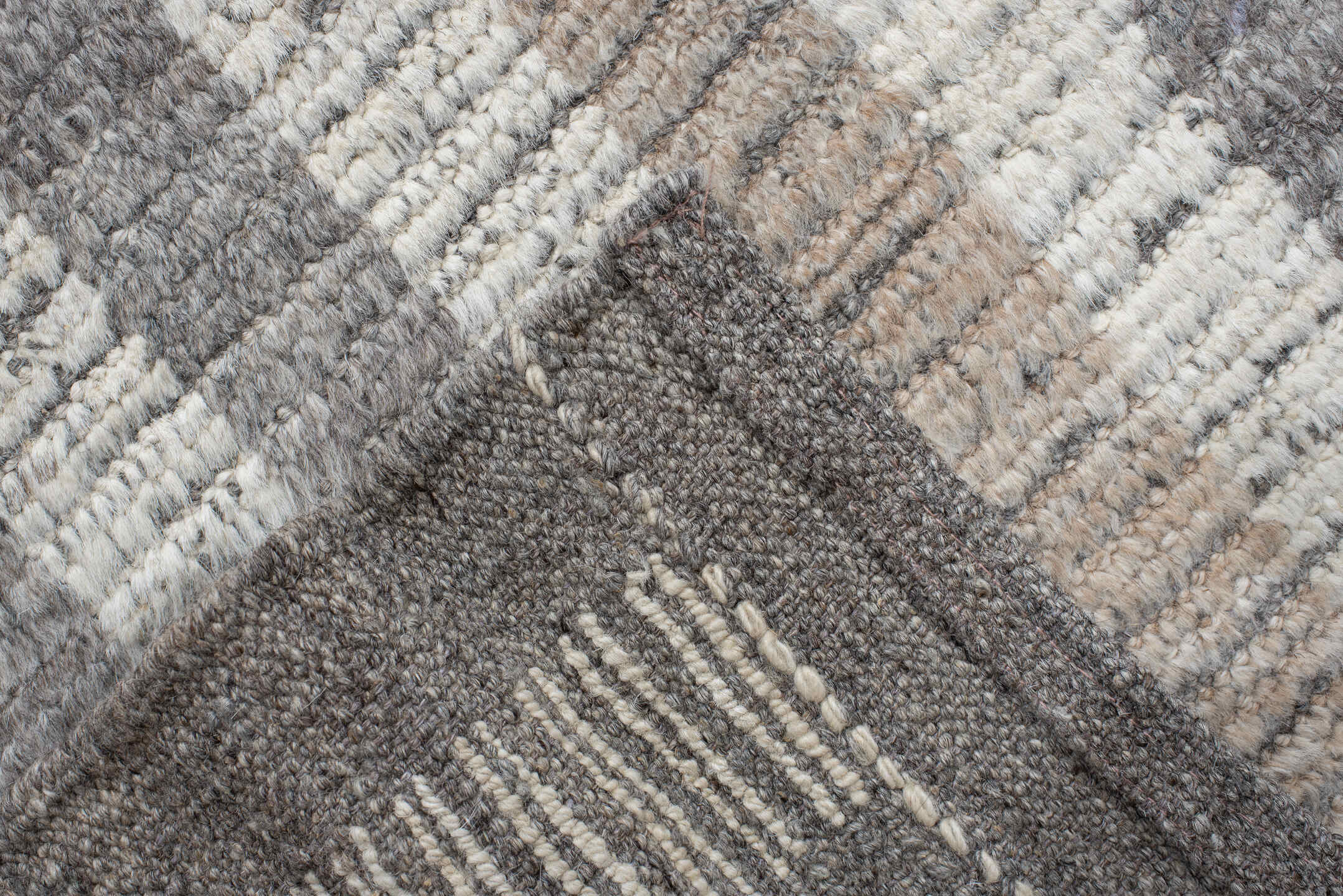 13' x 15' one-of-a-kind handmade vintage Tulu oversize rug. Color palette: ivory, gray, taupe, beige, charcoal, black