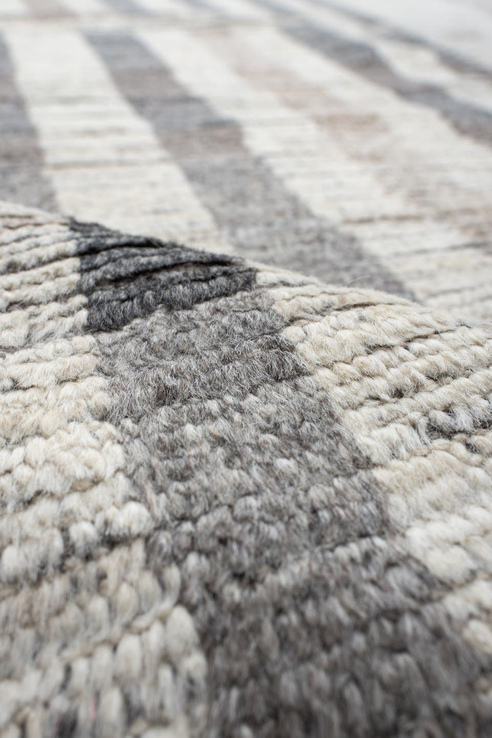 13' x 15' one-of-a-kind handmade vintage Tulu oversize rug. Color palette: ivory, gray, taupe, beige, charcoal, black