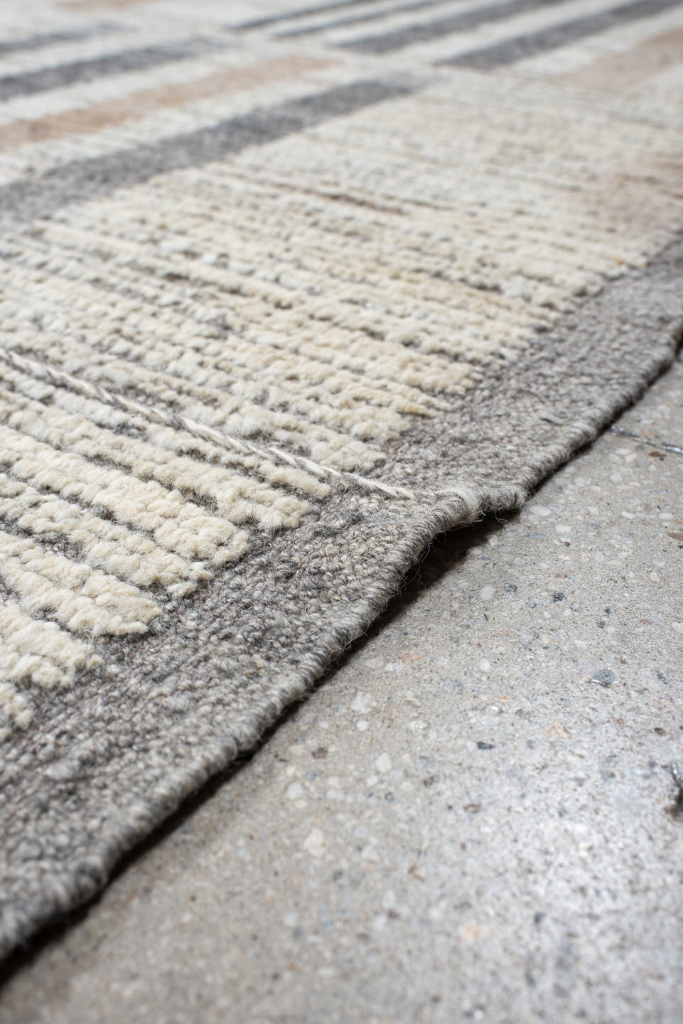 13' x 15' one-of-a-kind handmade vintage Tulu oversize rug. Color palette: ivory, gray, taupe, beige, charcoal, black