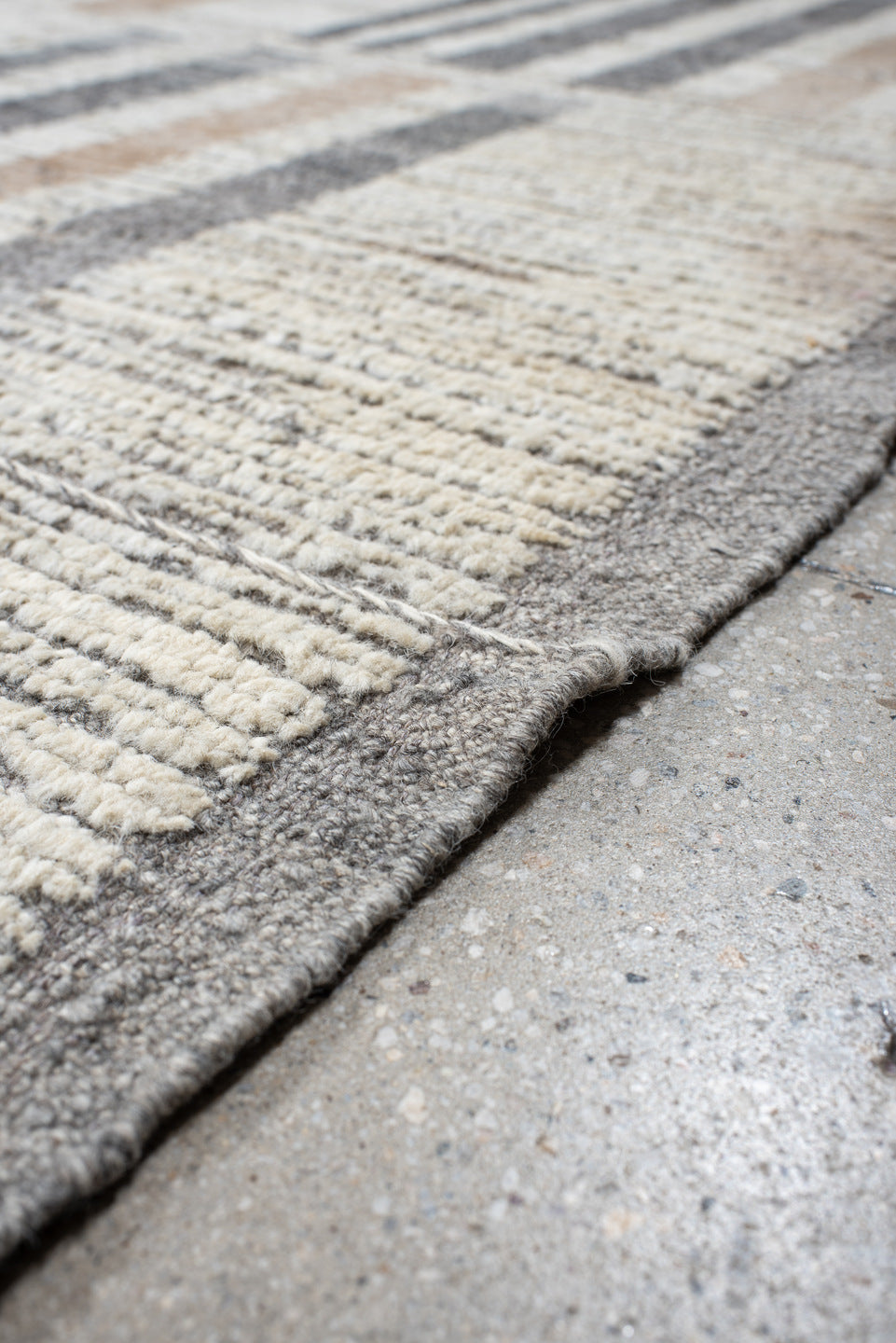 13' x 15' one-of-a-kind handmade vintage Tulu oversize rug. Color palette: ivory, gray, taupe, beige, charcoal, black