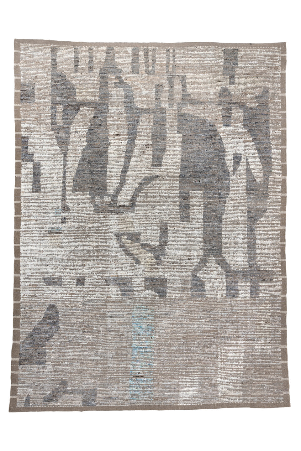10' x 14' one-of-a-kind handmade vintage Tulu large size rug. Color palette: light gray, off-white, gray, black, pink