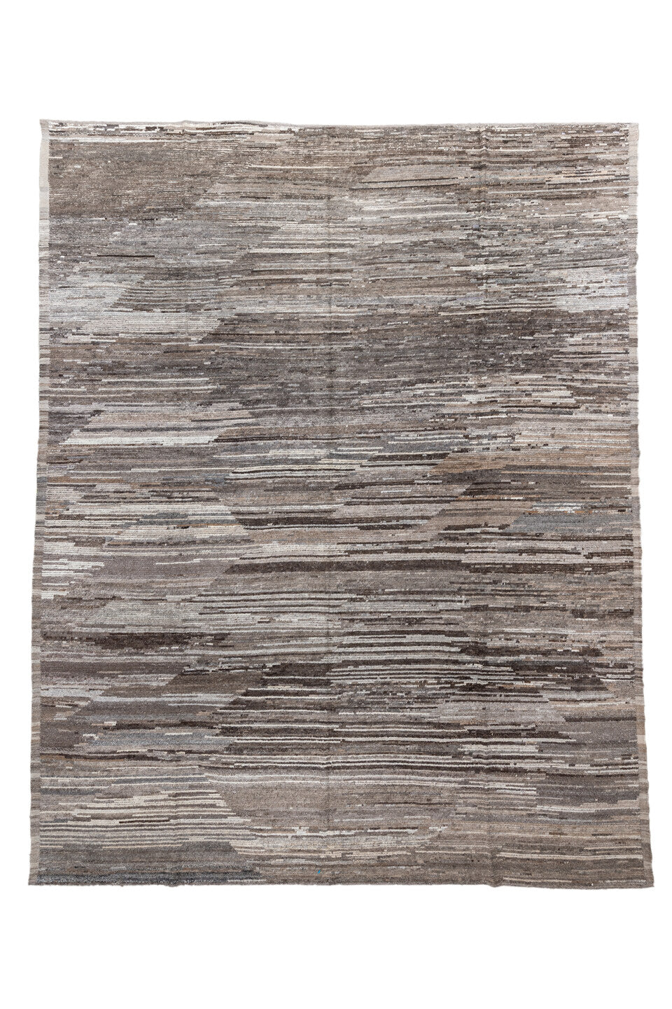12' x 15' one-of-a-kind handmade vintage Tulu oversize rug. Color palette: black, brown, dark gray, gray, light gray, linen