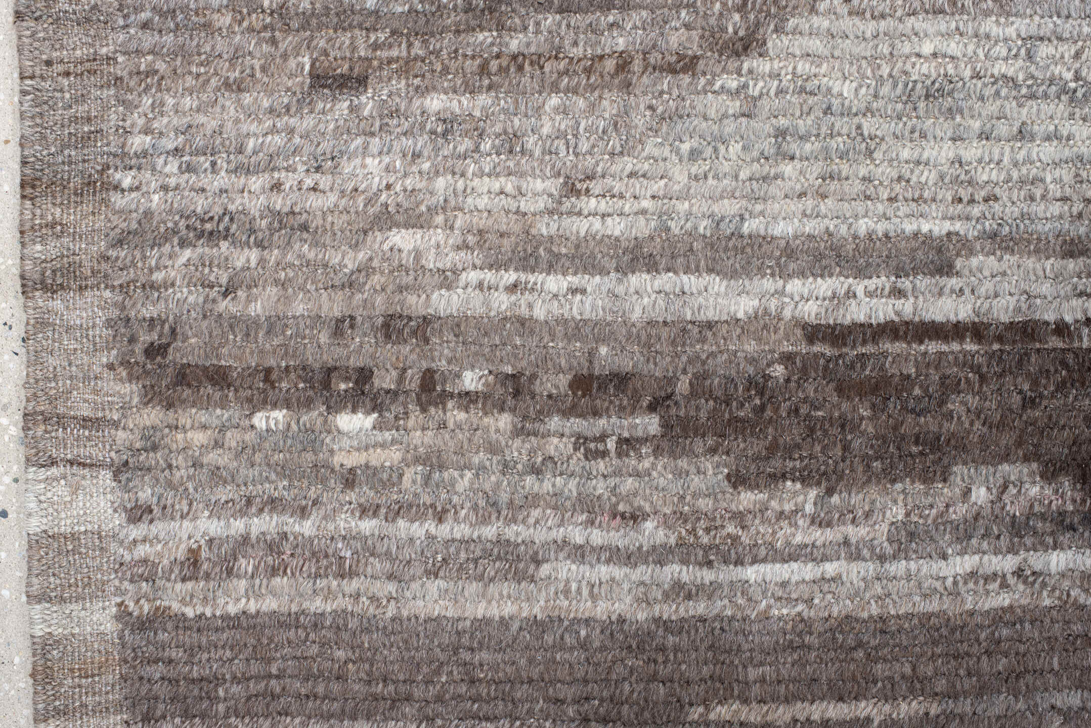12' x 15' one-of-a-kind handmade vintage Tulu oversize rug. Color palette: black, brown, dark gray, gray, light gray, linen