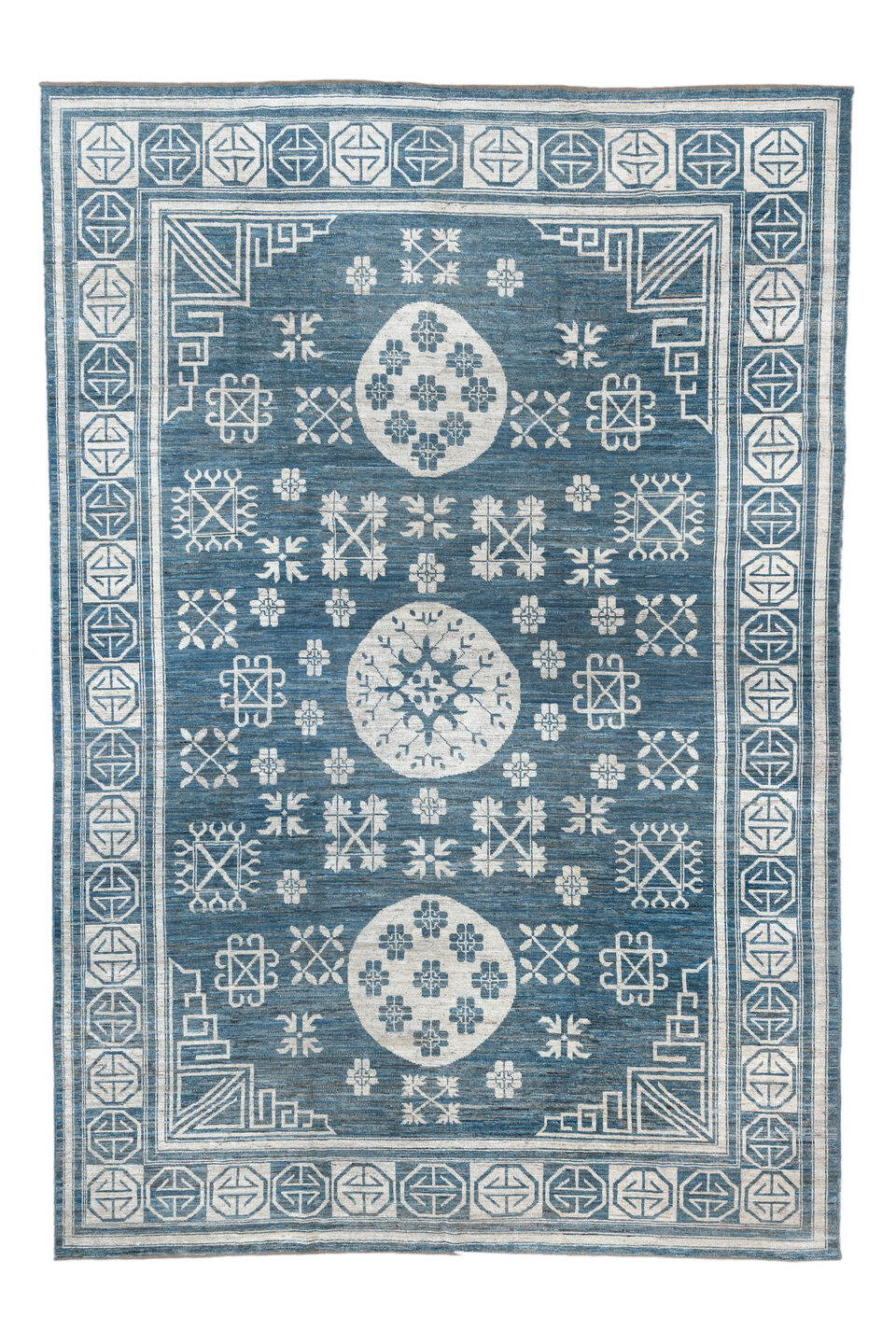 9' x 14' one-of-a-kind handmade vintage Oushak large size rug. Color palette: alice blue, arapawa, blue, dark gray, fiord