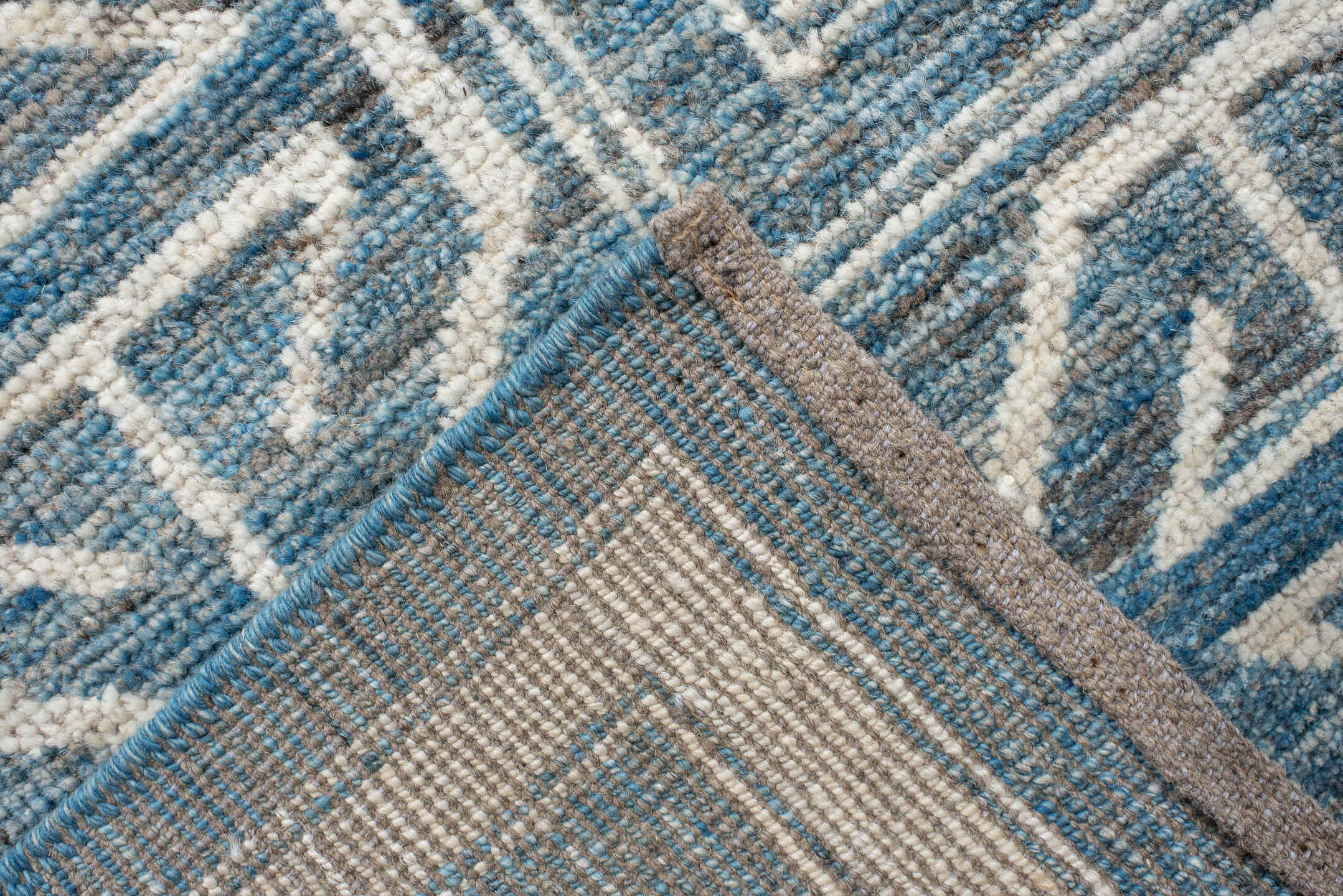 9' x 14' one-of-a-kind handmade vintage Oushak large size rug. Color palette: blue, ivory, slate, cream, gray