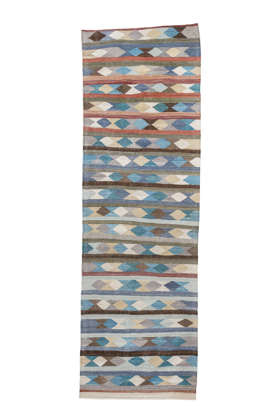 2' x 9' one-of-a-kind handmade vintage Kilim runner rug. Color palette: gray, brown, red, light blue, light gray, pink